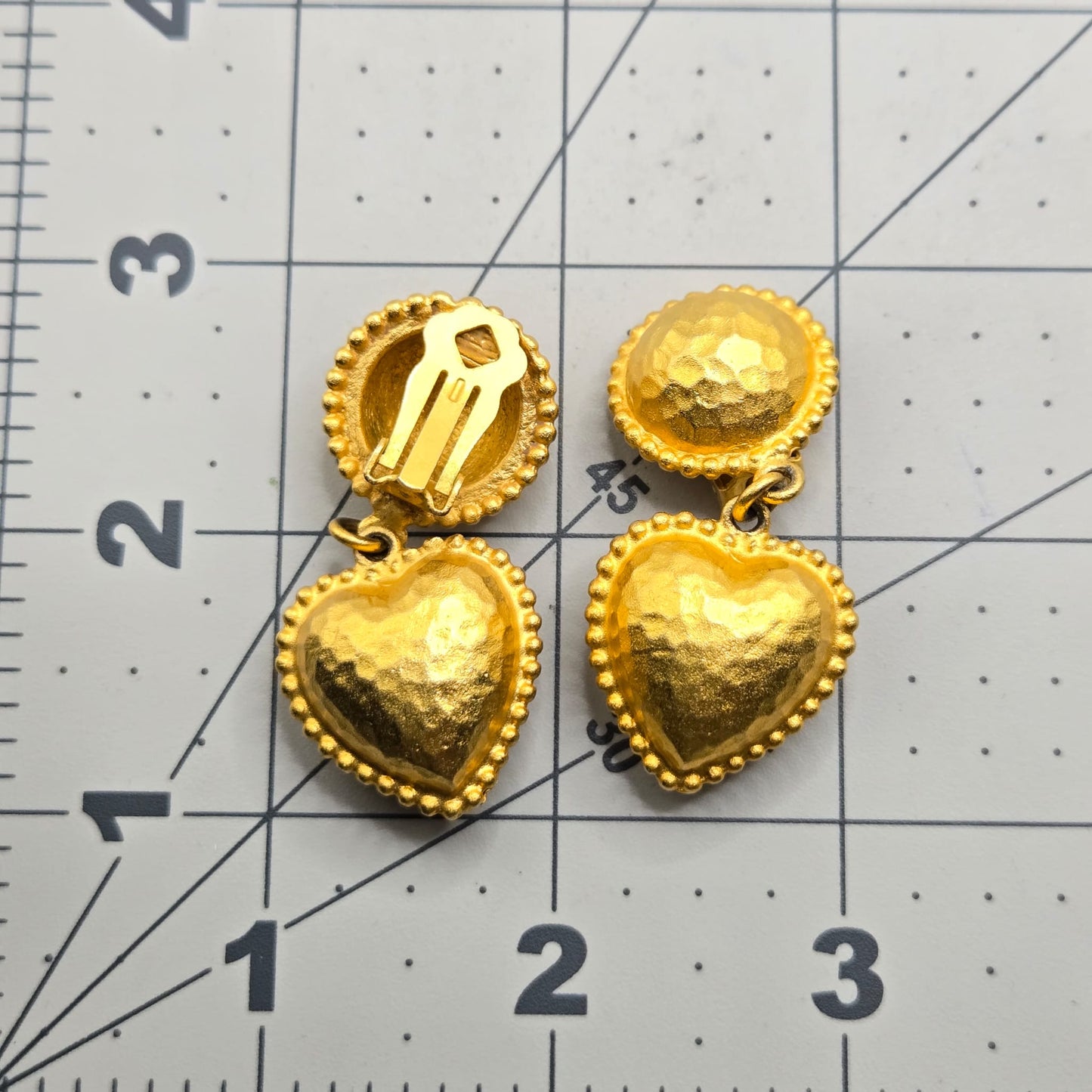 Vintage Heart Etruscan style gold tone designer runway clip on Earrings