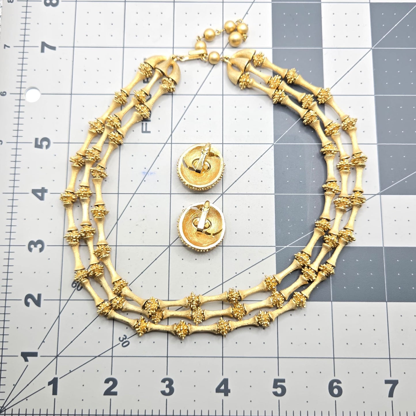 Vintage TRIFARI CROWN Electra Collection 3 Strand Gold Tone Necklace and clip on earrings set