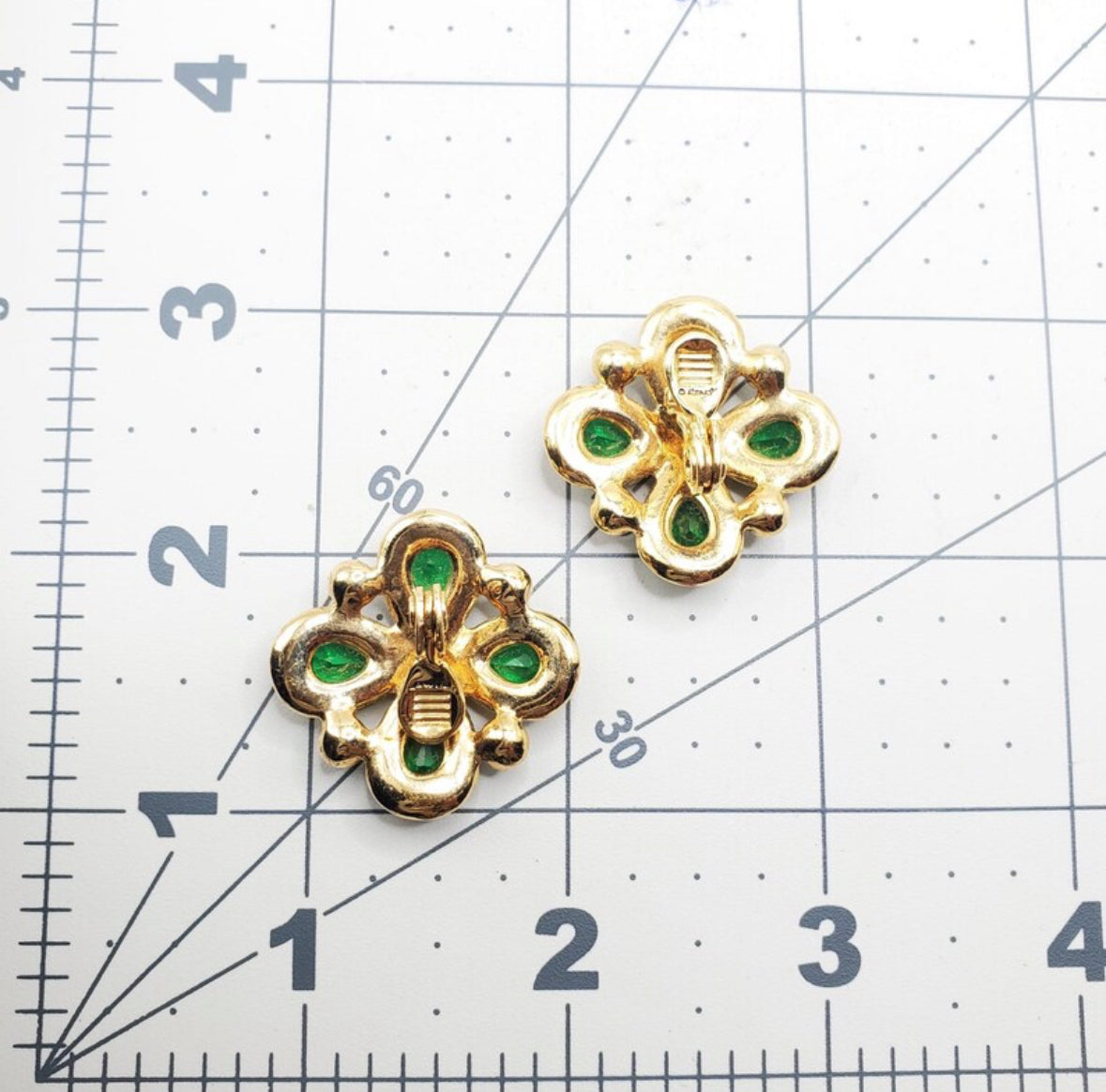 Vintage MONET Green Emerald Gold Tone Cross Clip On Earrings