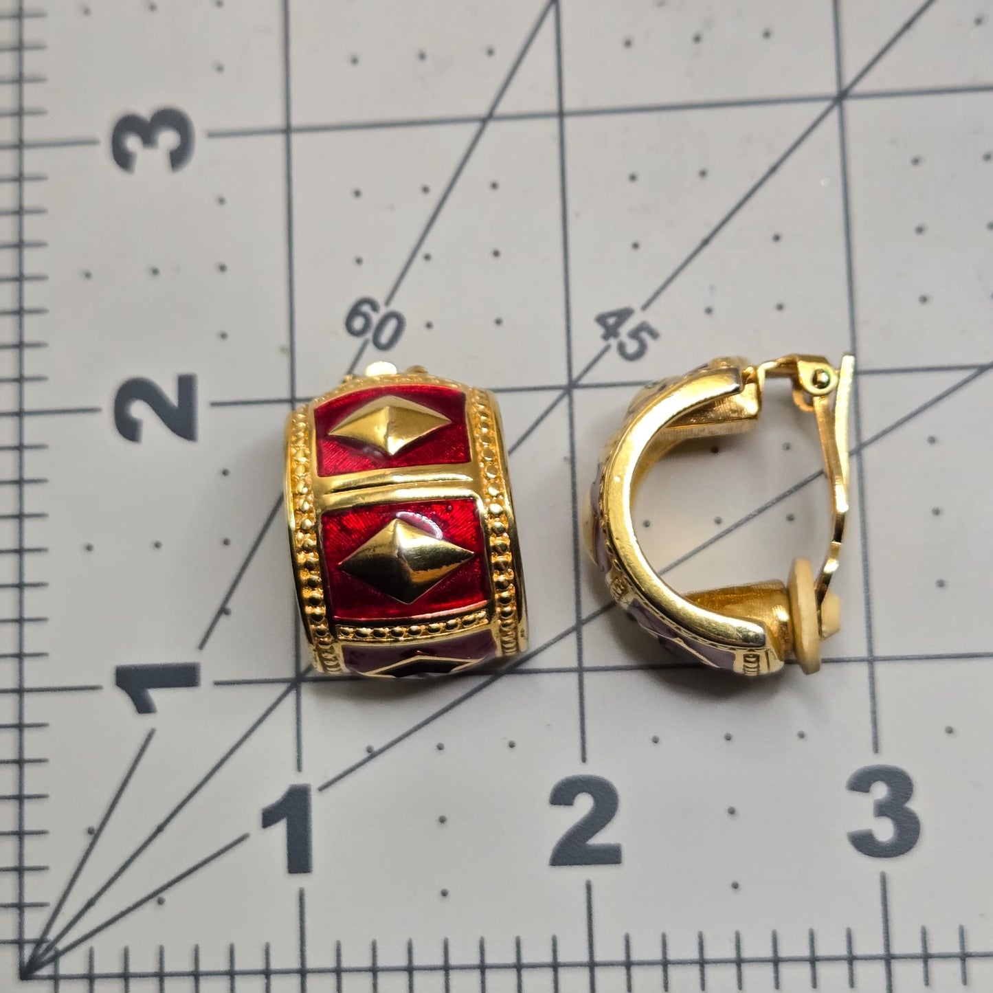 Vintage SWAROVSKI SWAN half hoop red enamel purple crystal gold tone Etruscan Clip On Earrings