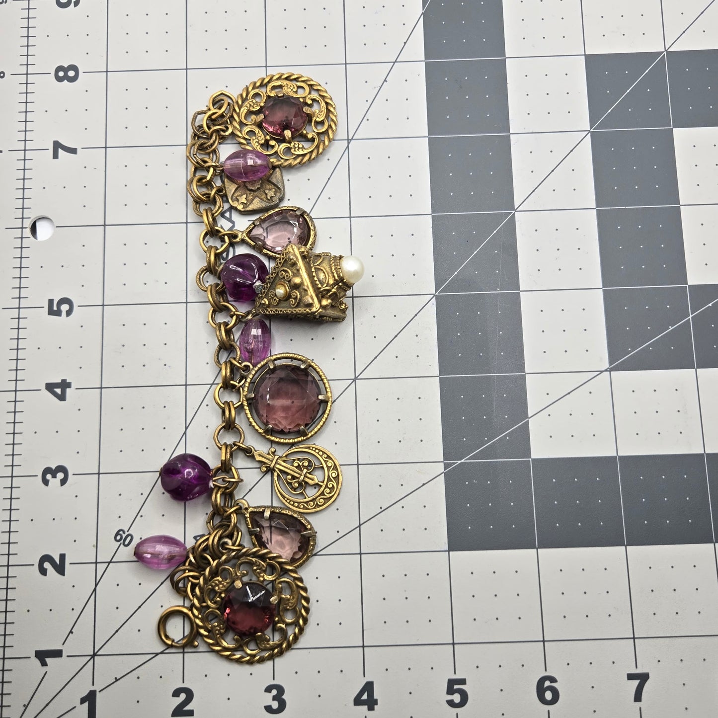 Vtg GERMAN Victorian Revival Crystal purple Charms Gold Tone Bracelet
