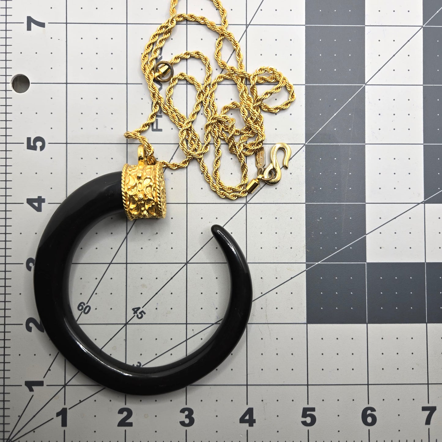 Vintage KENNETH LANE Black Resin Tusk Pendant Gold Tone Chain Necklace