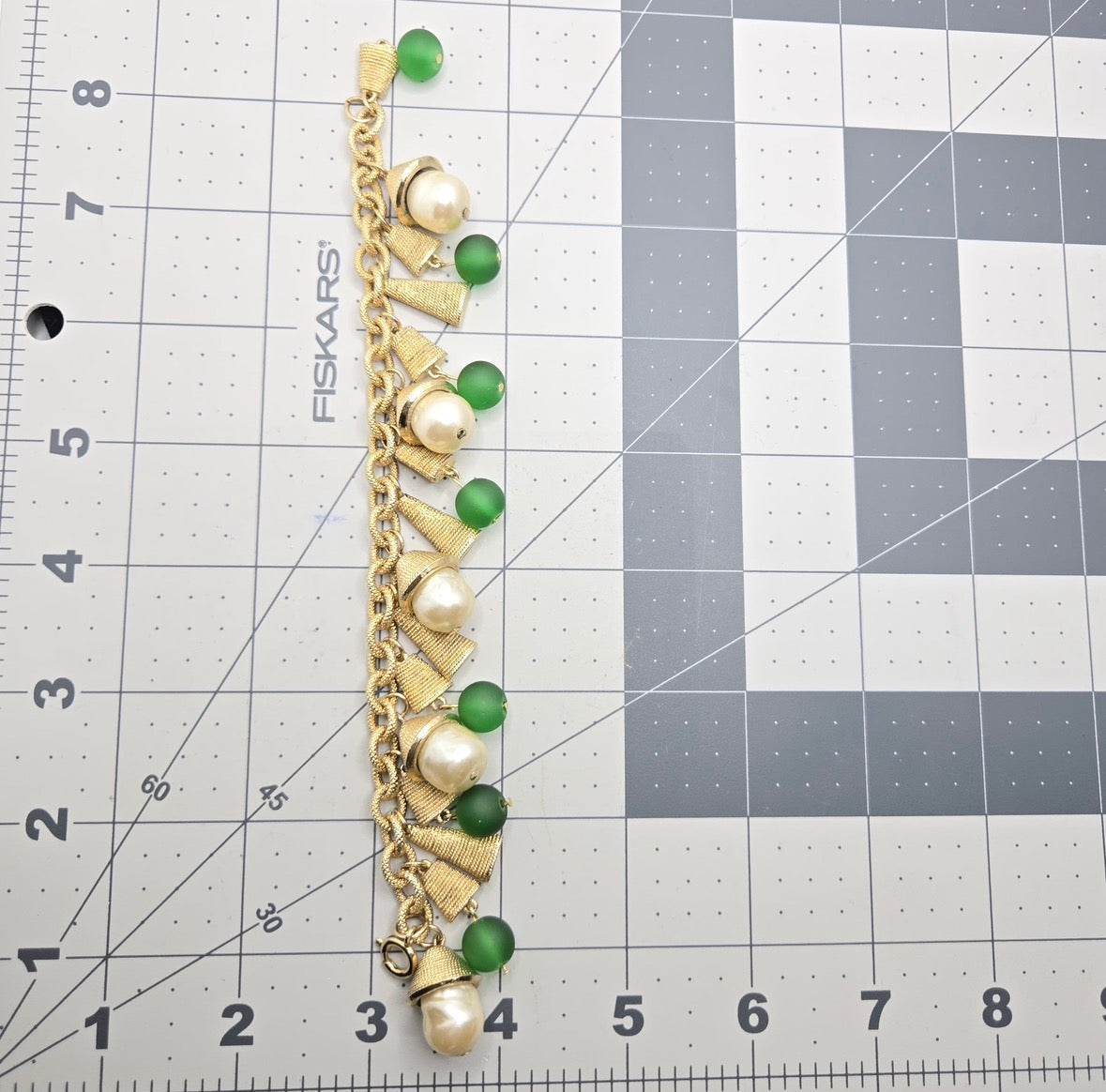Vintage Gold-Tone Charms Dangle Bracelet with Faux Pearls & Green Glass Beads