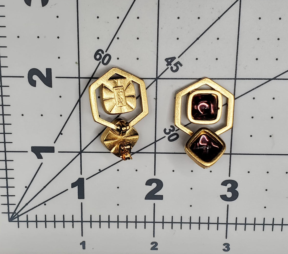 Vintage YSL Yves Saint Laurent Gold Tone Metal, Purple Cabochon, Dangle, Runway, Designer, Pierced Earrings