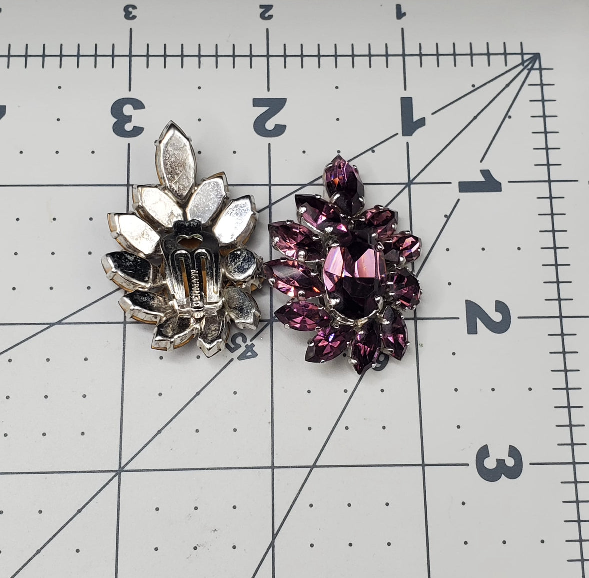 Vintage GERMANY Signed Victorian Revival Bohemian Amethyst Rhinestones Large Cluster Clip On Earrings