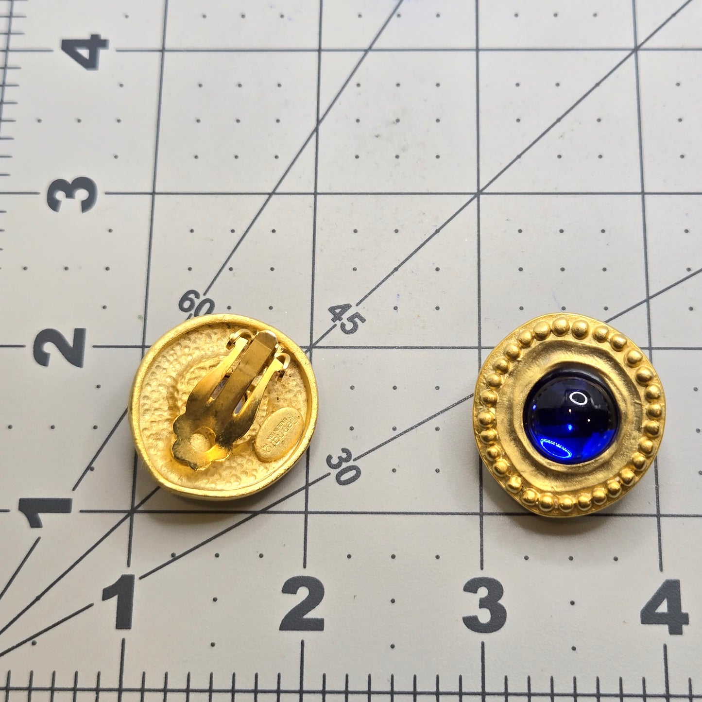 Vintage GENNARO Etruscan Blue Cabochon gold tone Clip on Earrings