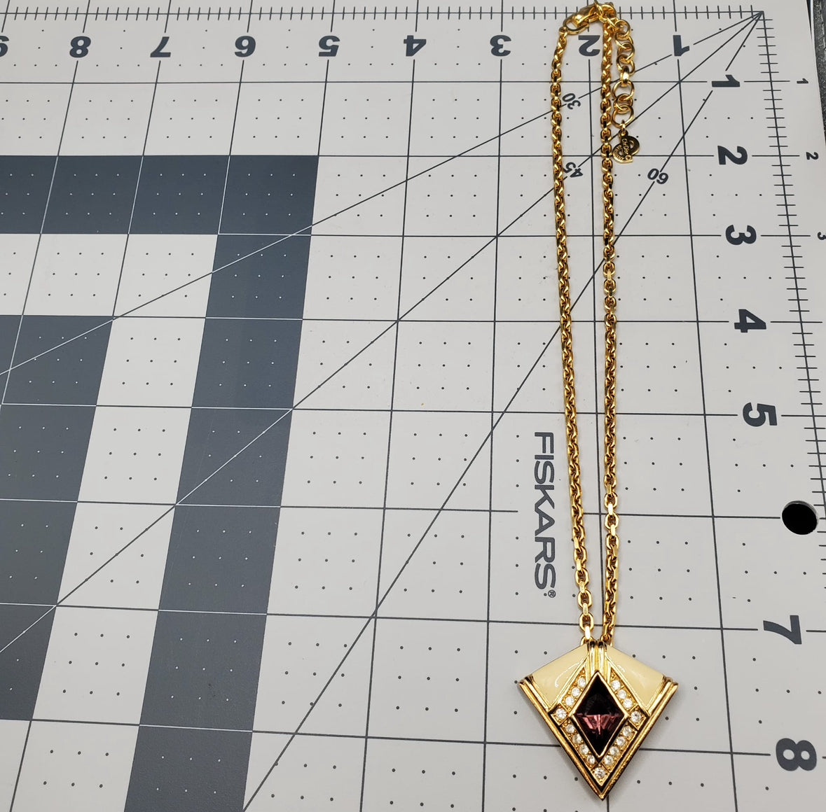 Vintage CHRISTIAN DIOR Signed, Amethyst Glass, Rhinestones, Cream Enamel, Gold Tone Pendant Chain Necklace