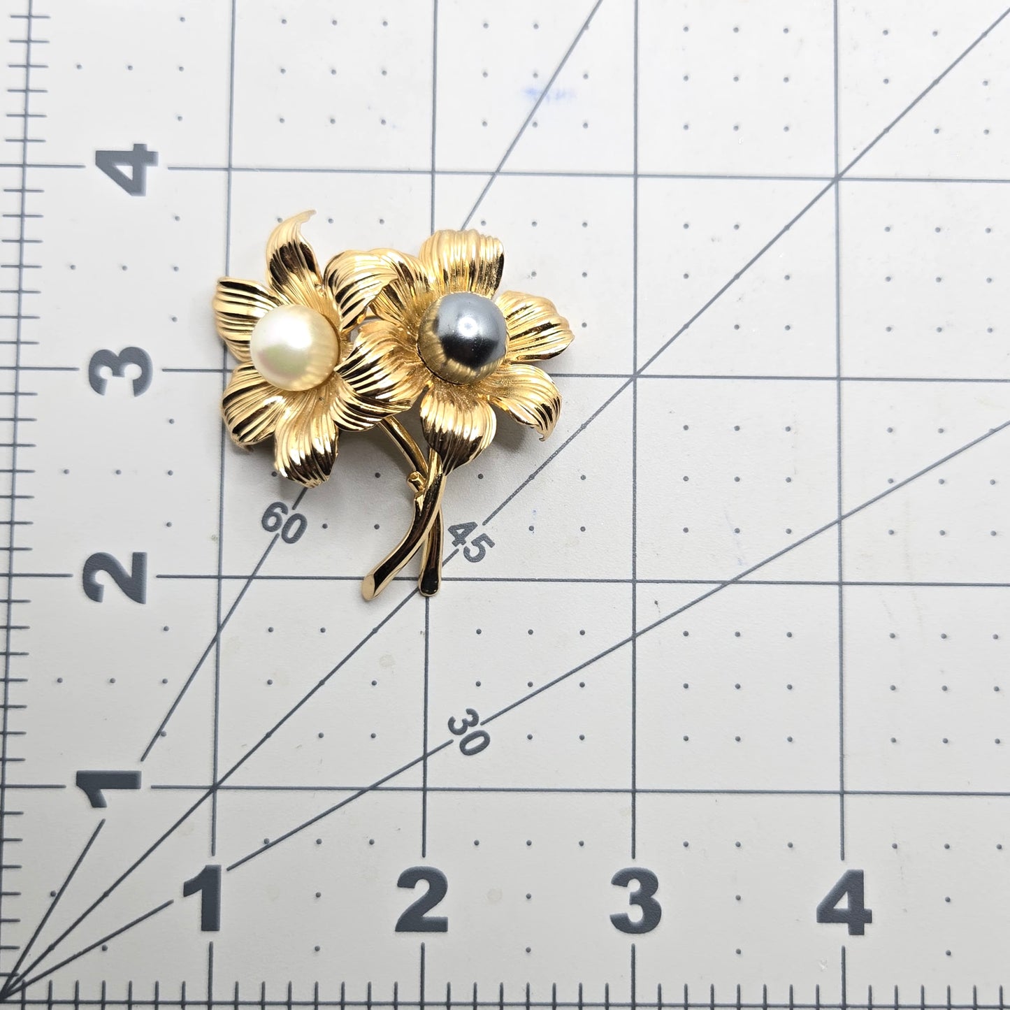 Vintage GROSSE 1964 for Christian Dior Gold Tone Double Flower Faux White & Black Pearl Brooch Pin
