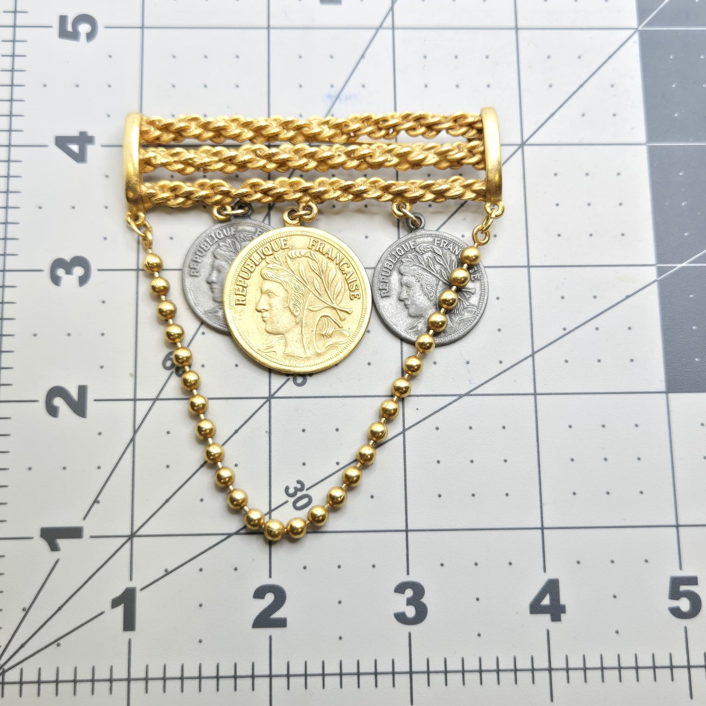 Vintage Republique Francaise Faux Coins Dangle Gold Tone Chain Brooch Pin Designer Runway