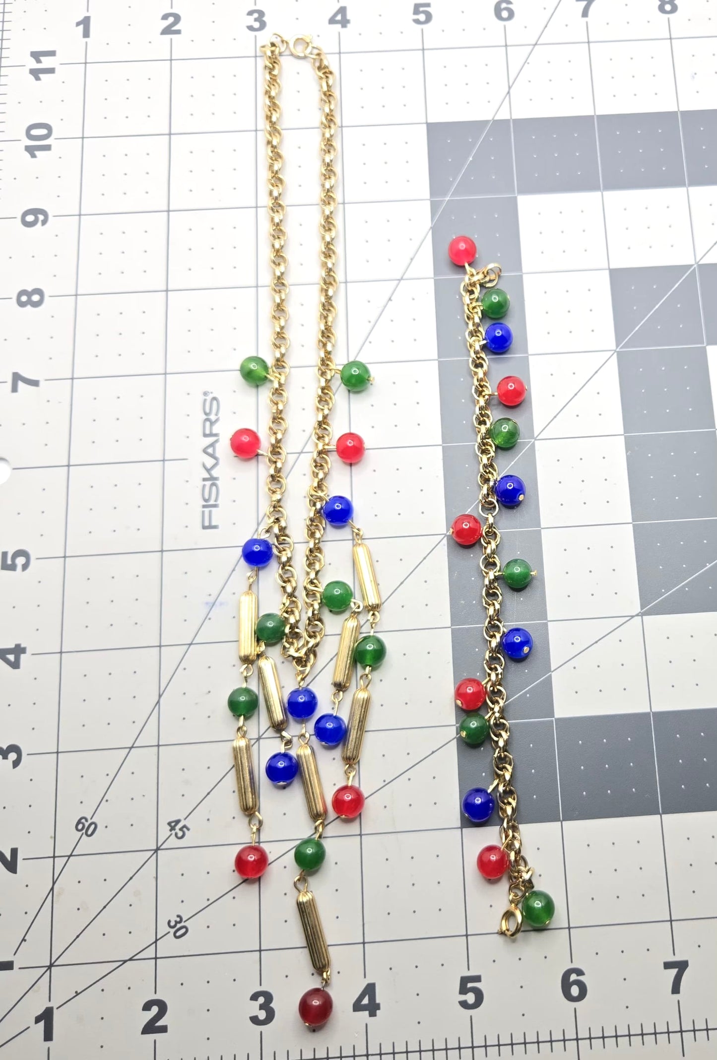 Vintage Statement Necklace and Bracelet Set, Gold Tone Chain with Red, Blue, Green Glass Beads