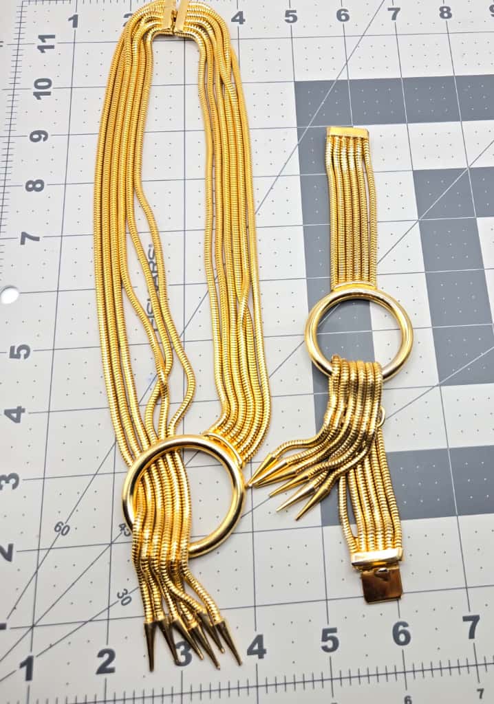 Vintage Designer Runway Multi strand snake chain gold tone necklace and bracelet set