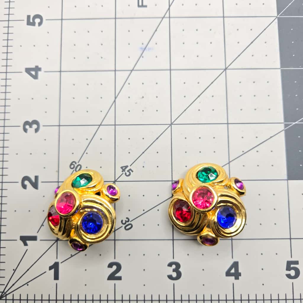 Vintage multicolor rhinestones gold tone designer runway clip on earrings