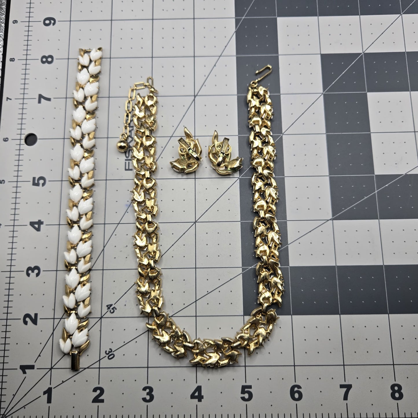 Vintage Trifari crown Alfred Philippe Parure White Lily Of Valley Necklace bracelet clip on Earrings set