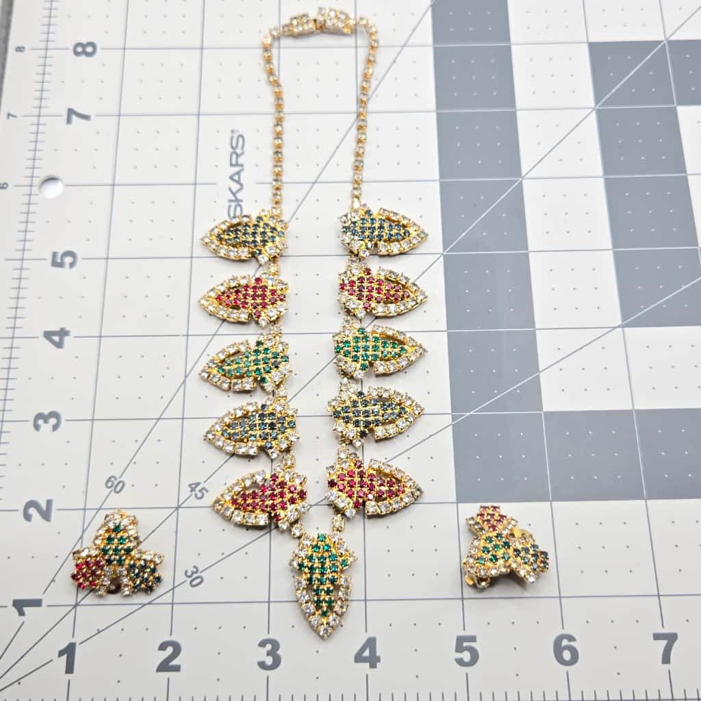 Vintage HOBE green blue red rhinestones gold tone beautiful designer runway necklace and clip on earrings set