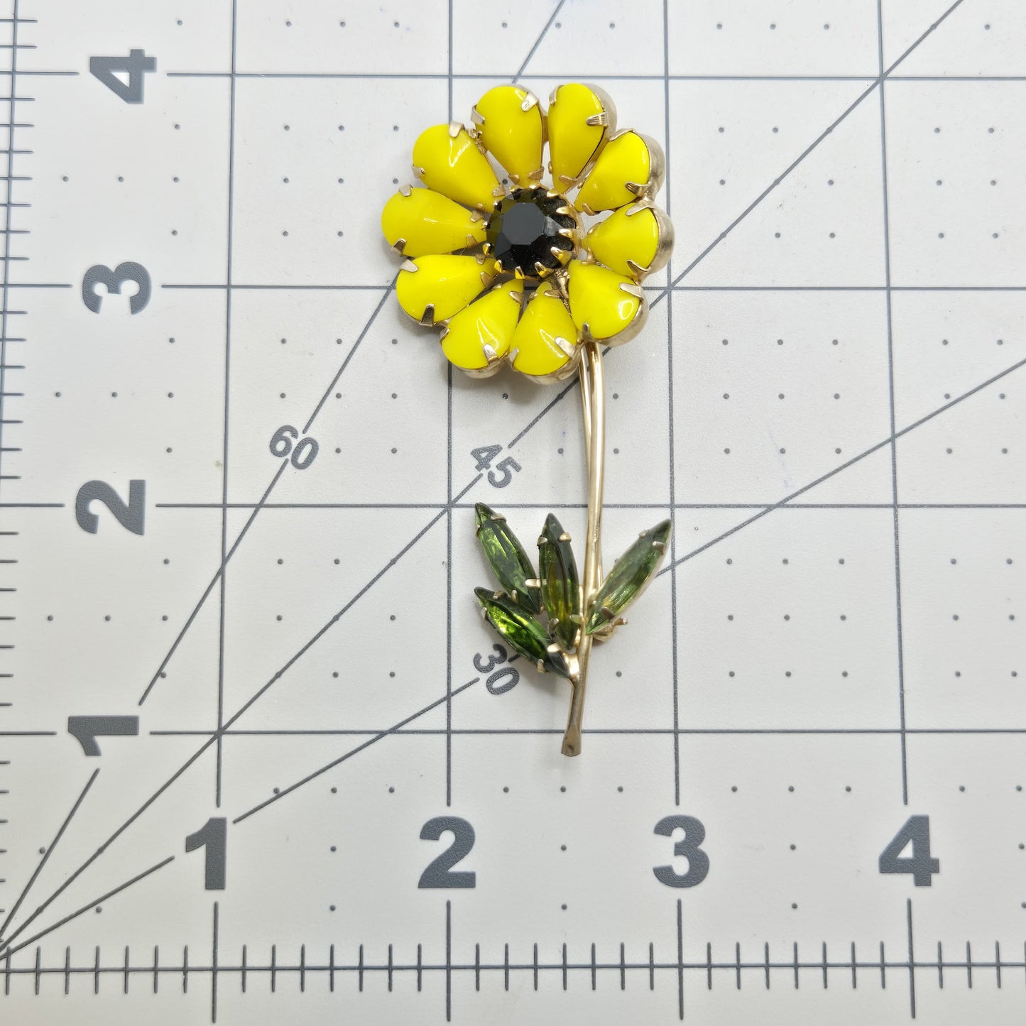 Vintage WEISS unsigned Yellow Flower Green Black Rhinestones Gold tone Brooch Pin