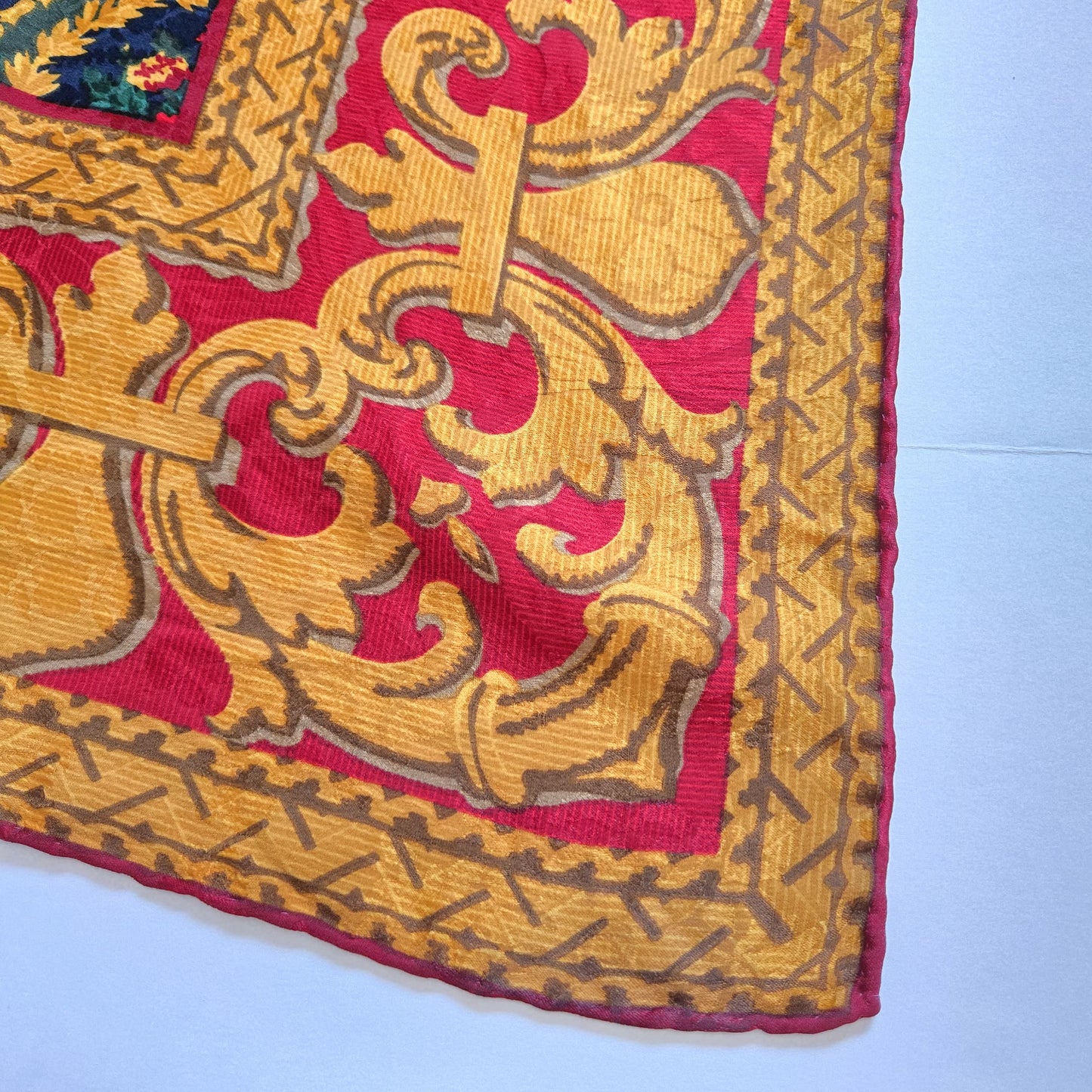 Vintage TIFFANY & CO. printed silk scarf blue, red, green and gold design with hand-rolled edges silk scarf 34x34