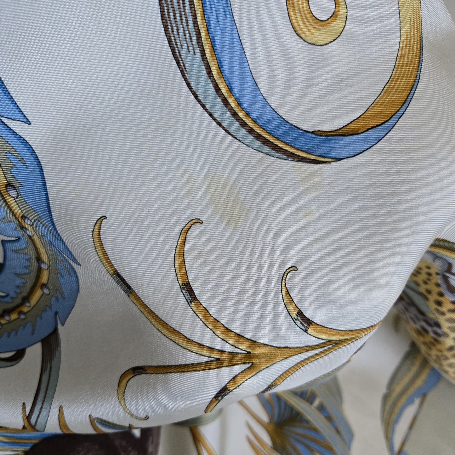 Vintage SALVATORE FERRAGAMO Leopard Botanical Monkeys Birds blue gold brown cream silk scarf 34x35
