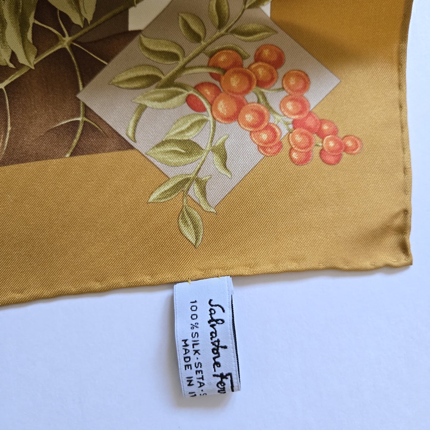Vintage SALVATORE FERRAGAMO Silk Scarf fall woodland, fox, birds, hunt 34x34