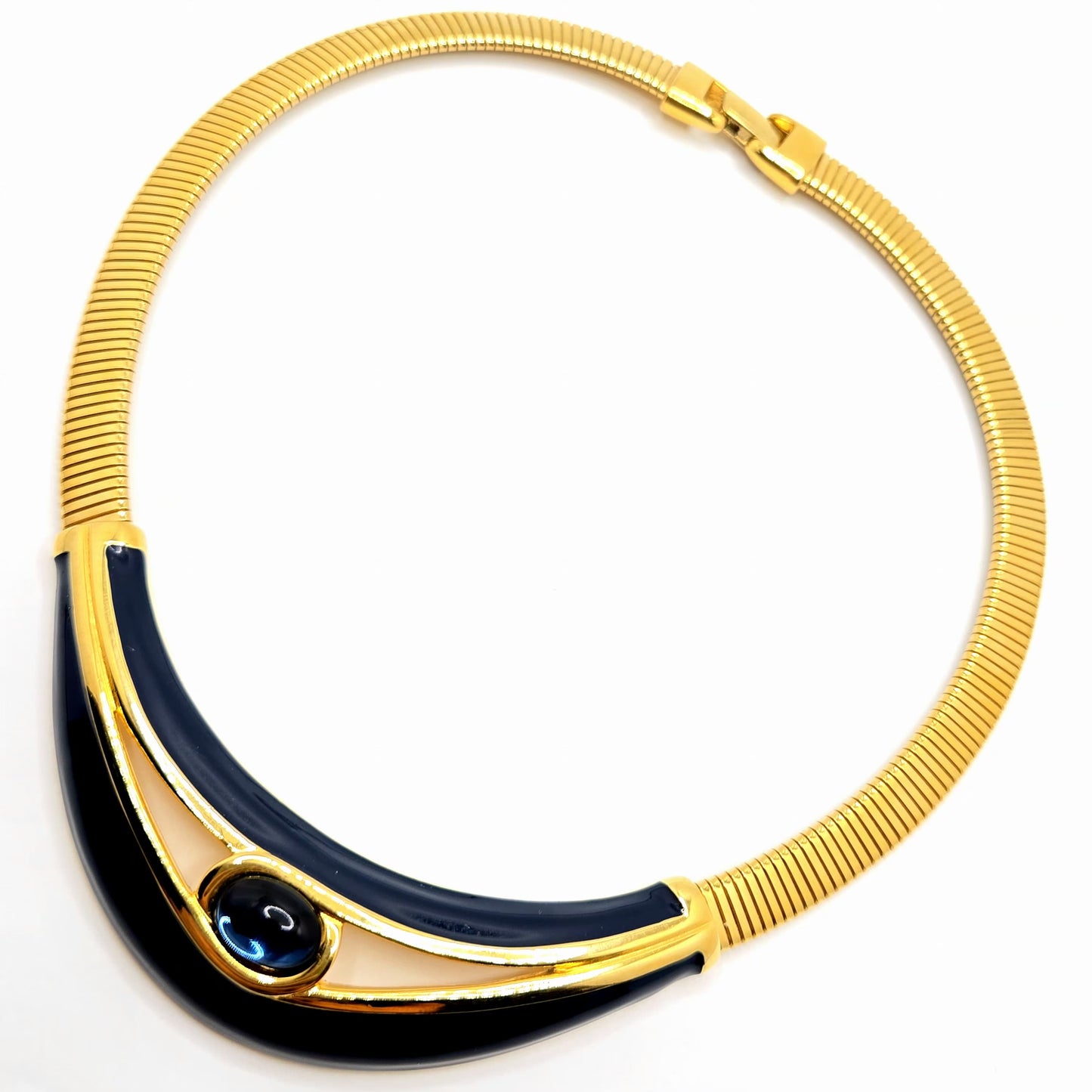 Vintage NAPIER Navy Blue Jelly Belly Cabochon Gold-Tone Enamel Choker Necklace Statement Jewelry