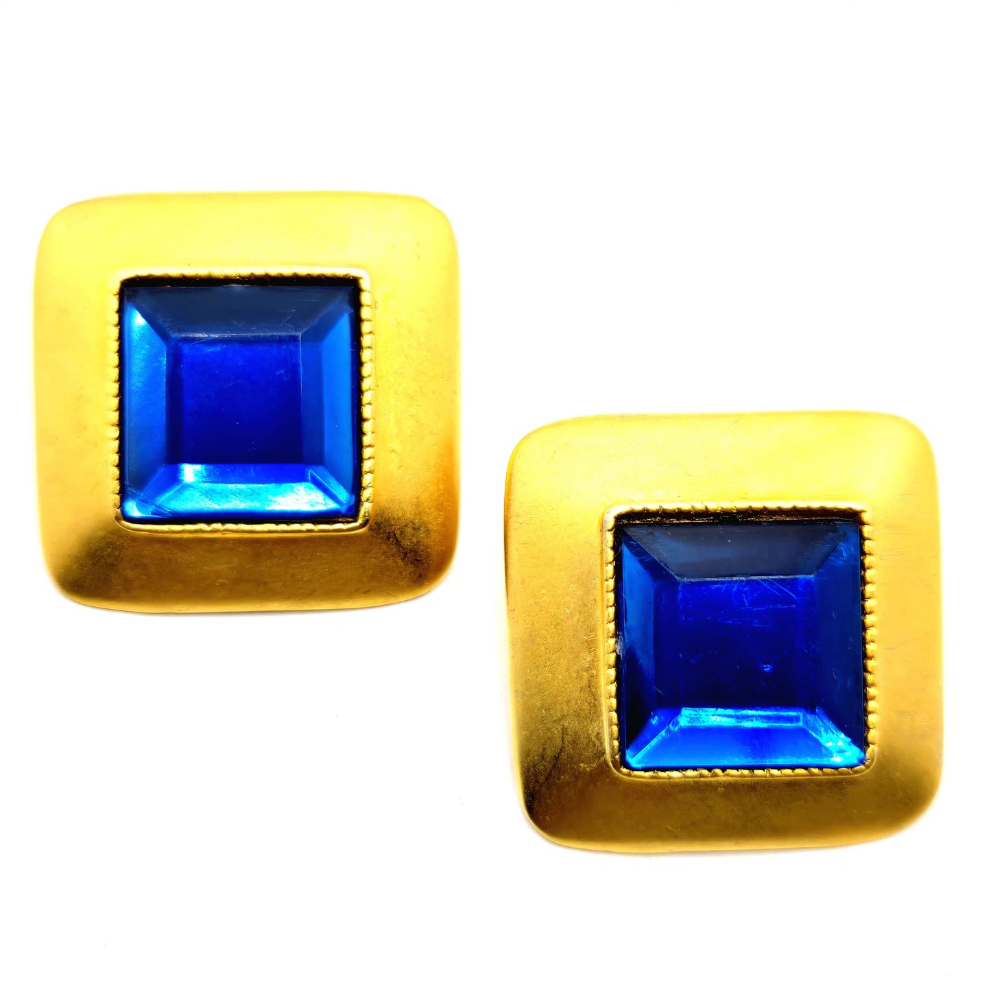 Vintage Designer Runway Large Square Blue Cabochon Gold Tone Clip-On Earrings