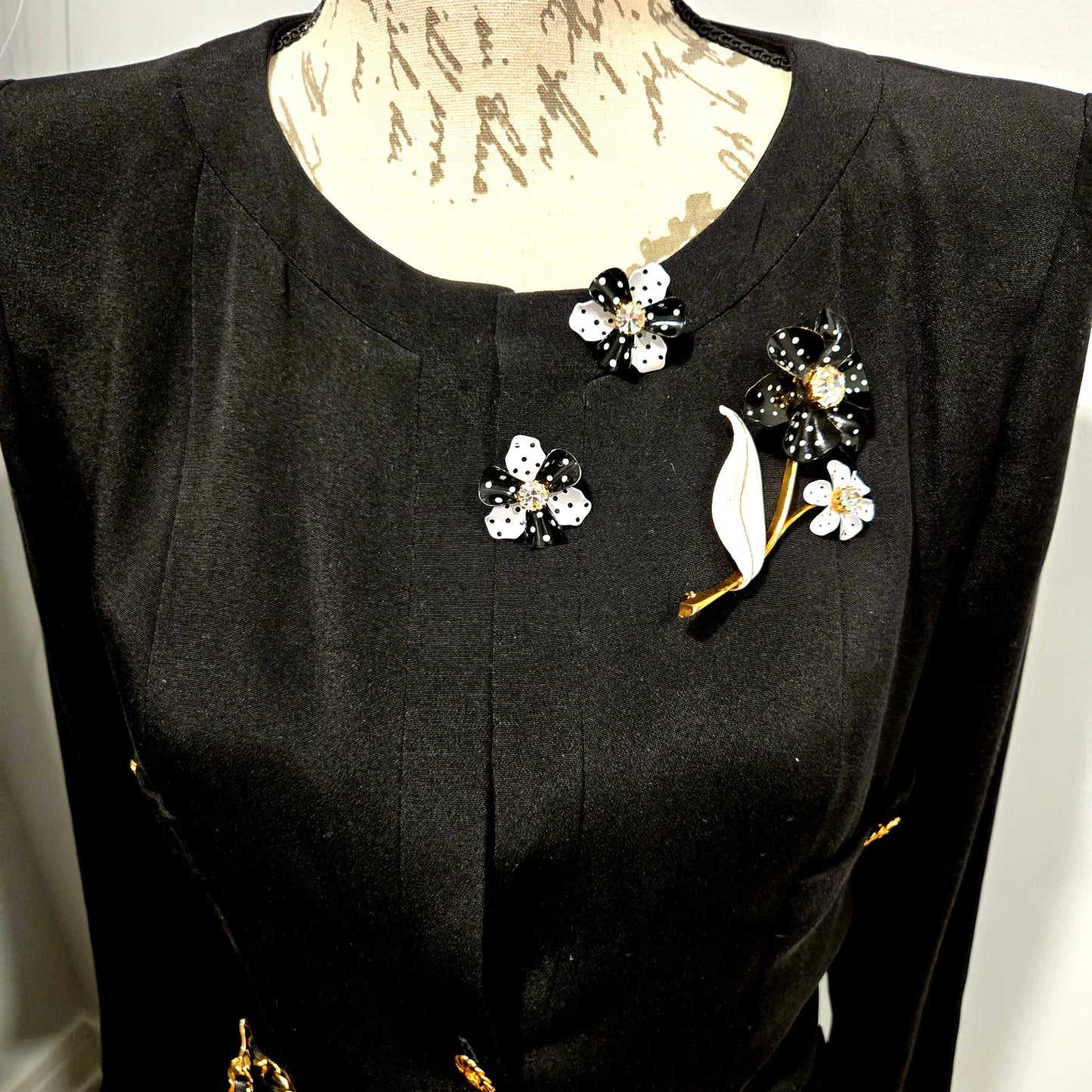 Vintage AVON Retro Black and White Polka Dots Flower Gold Tone Brooch Pin and Earrings Set