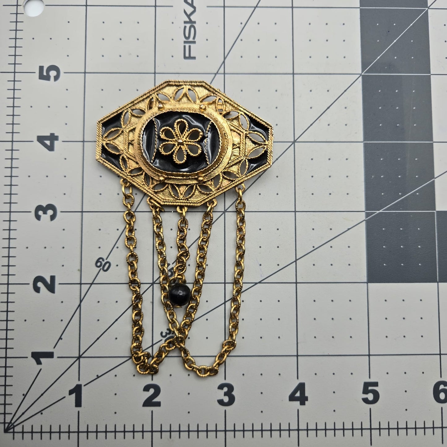 Vintage Victorian Revival Gold Tone, Black Enamel Dangling Chains Brooch Pin