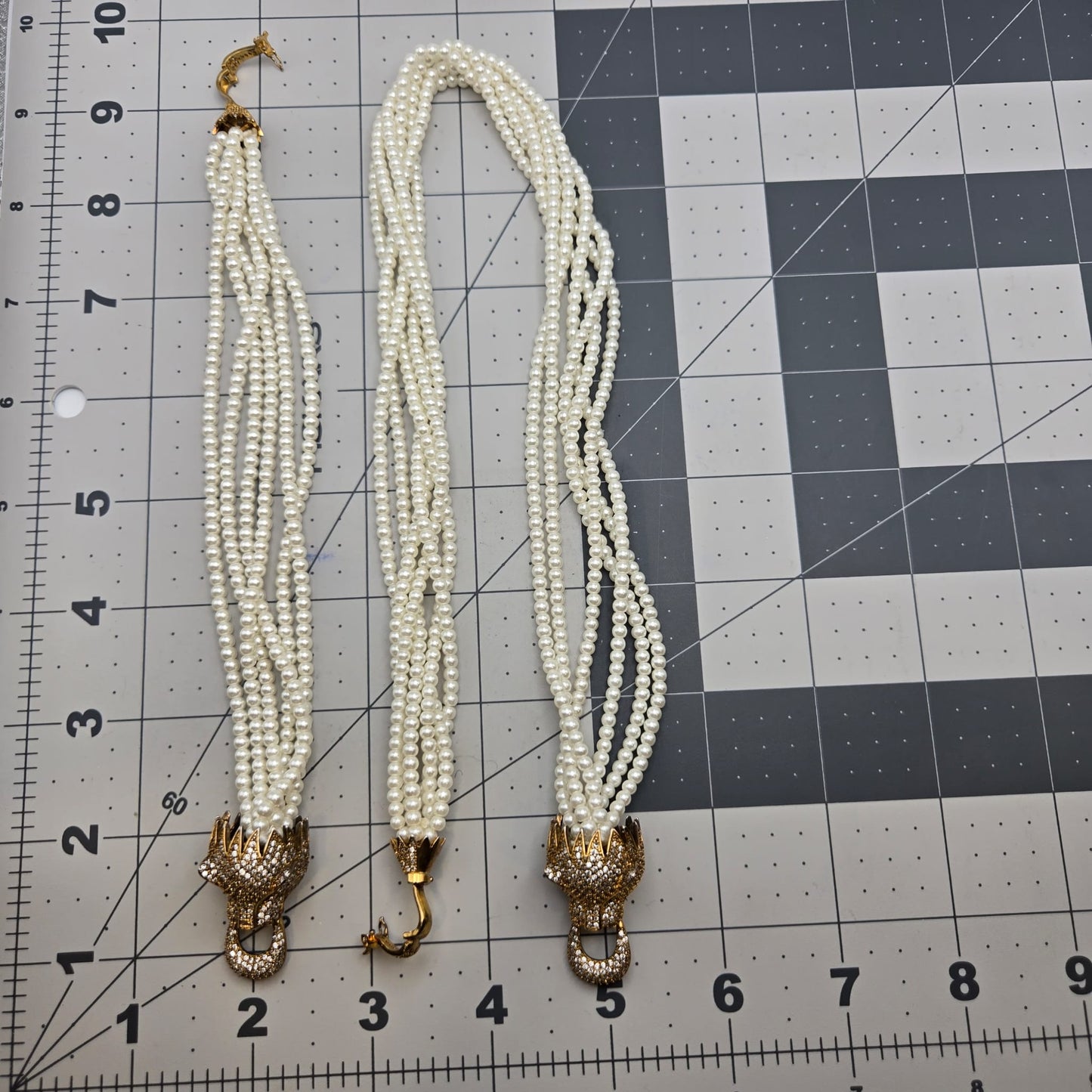 Vintage Green Eyes Leopard Necklace and Bracelet Set, Multi Strand Faux Pearls, Rhinestones, Gold Tone Metal