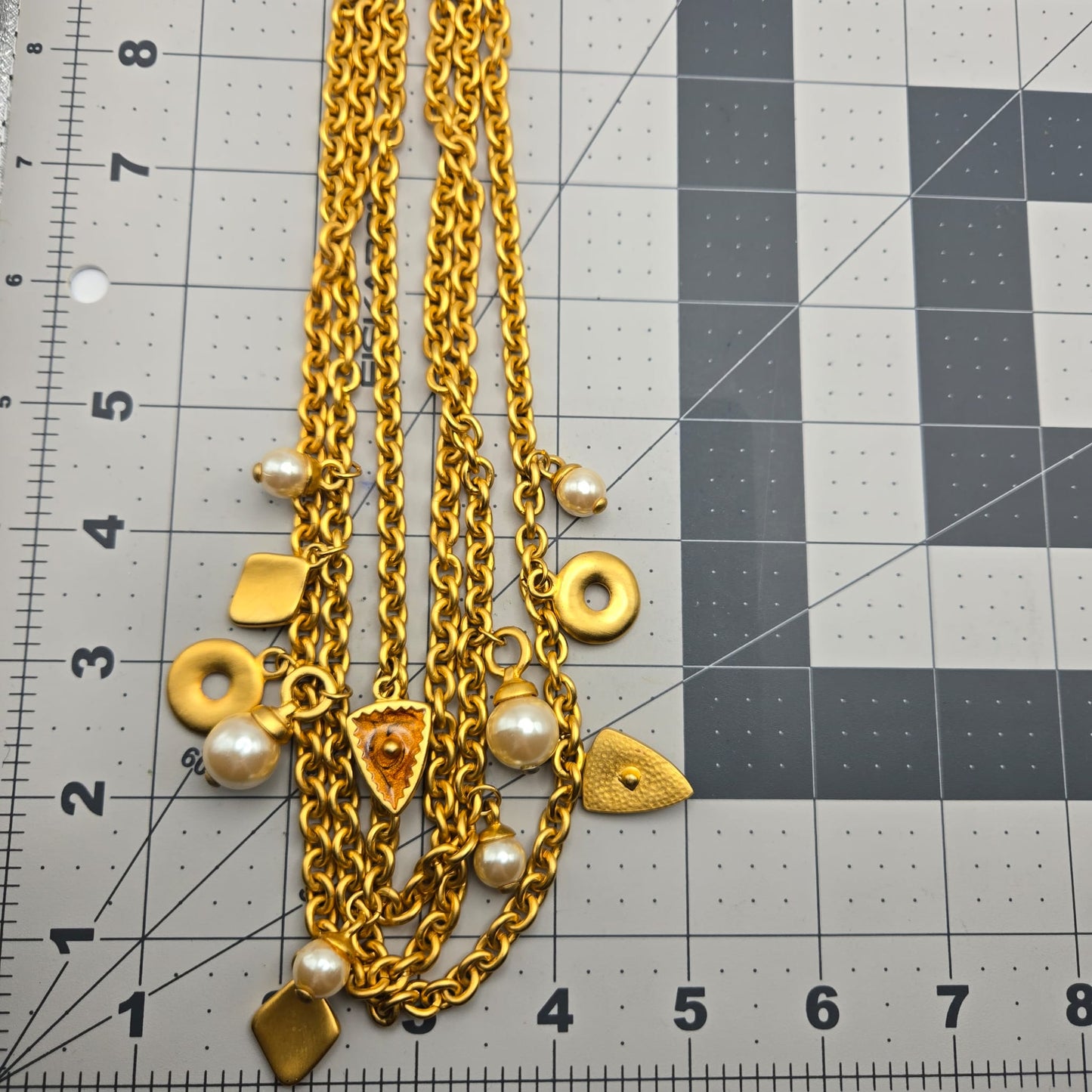 Vintage Etruscan Style Chain Charms Faux Pearls Enamel Gold Tone Necklace