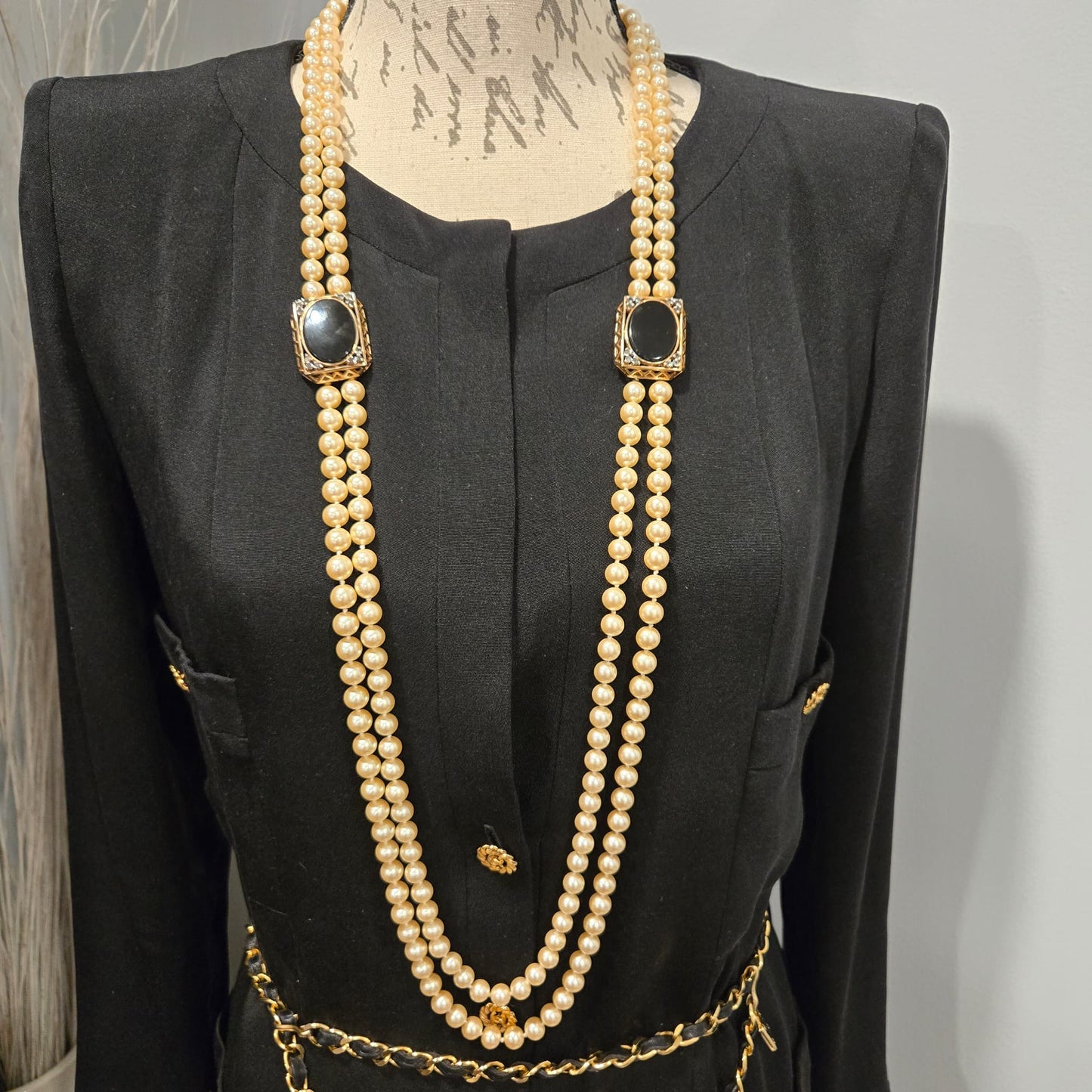 Vintage PANETTA Signed Black Glass Cabochon Rhinestones Gold Tone Long Faux Pearls Necklace Very Rare Runway Designer