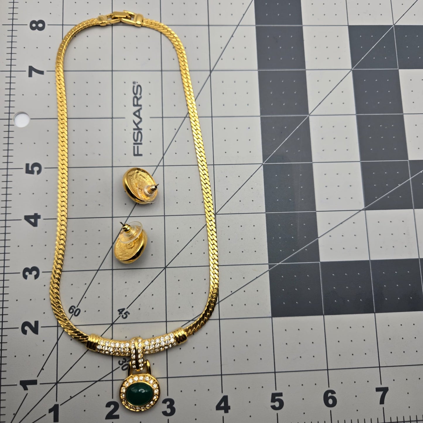 Vintage ESTELLE Signed Green Cabochon, Rhinestones, Gold Tone Necklace and Earrings Set, Runway Designer