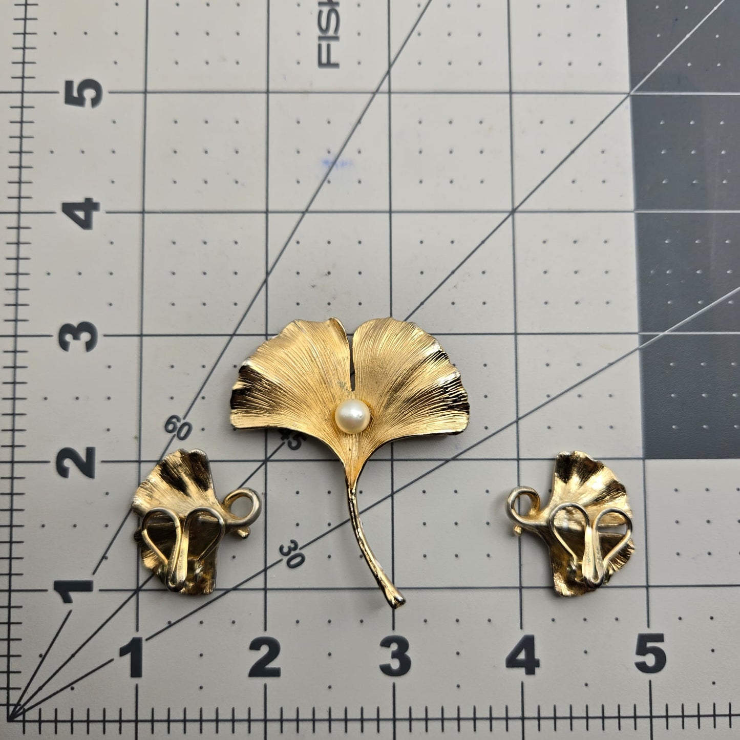 Vintage NAPIER STERLING Signed Ginkgo Leaf, Faux Pearl, Gold Tone Brooch pin and Clip on Earrings Set