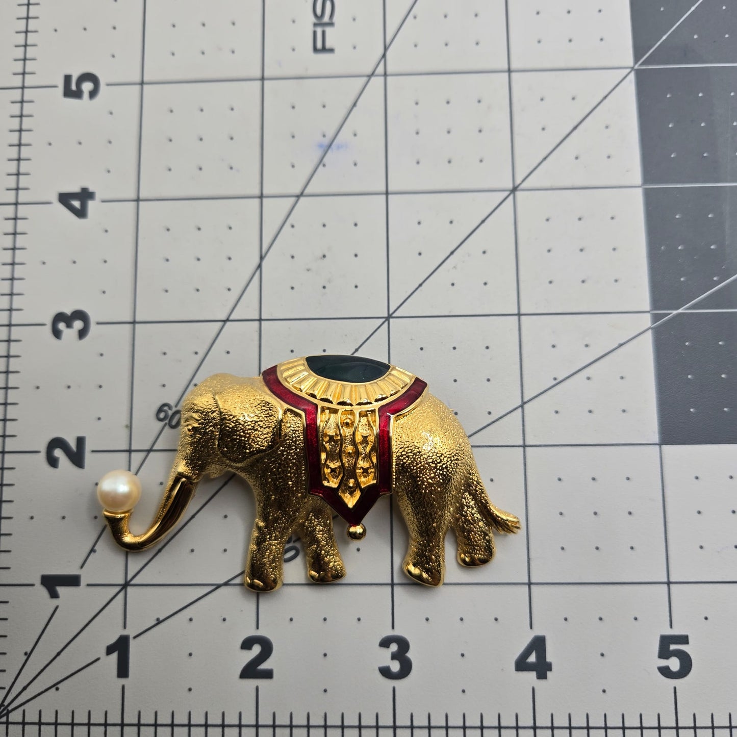 Vintage MONET Signed 1990’s Elephant, Navy Blue, Red Enamel, Faux Pearl, Gold Tone Classic Statement Brooch Pin