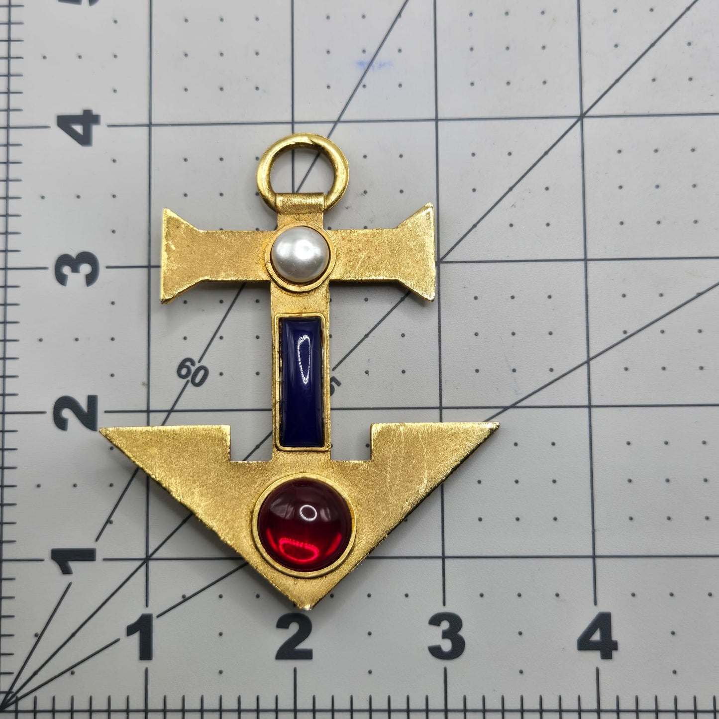 Vintage huge jeweled red blue Faux pearl Anchor, gold tone brooch pin