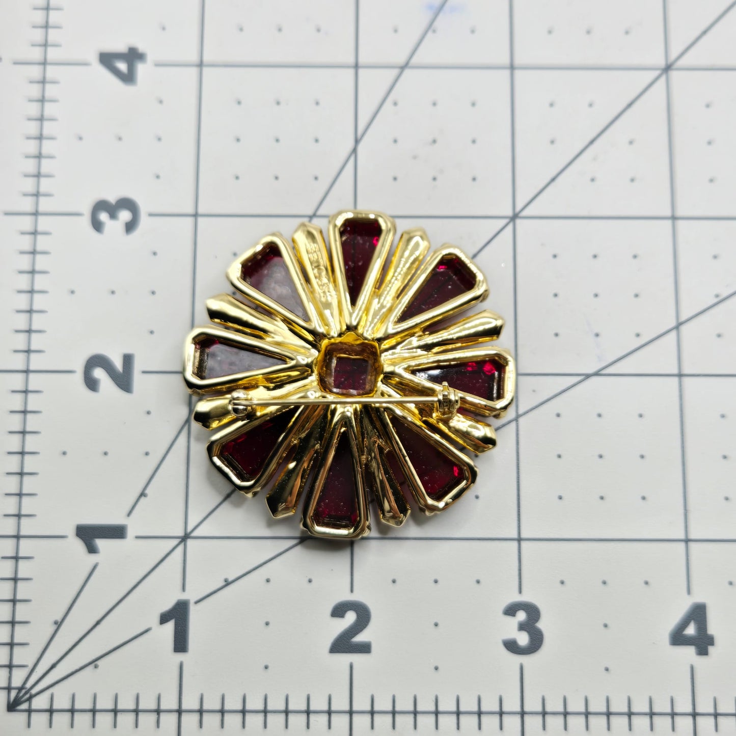 Vintage CAROLEE Maltese Cross Ruby Red Glass, Rhinestones gold tone open back Brooch pin