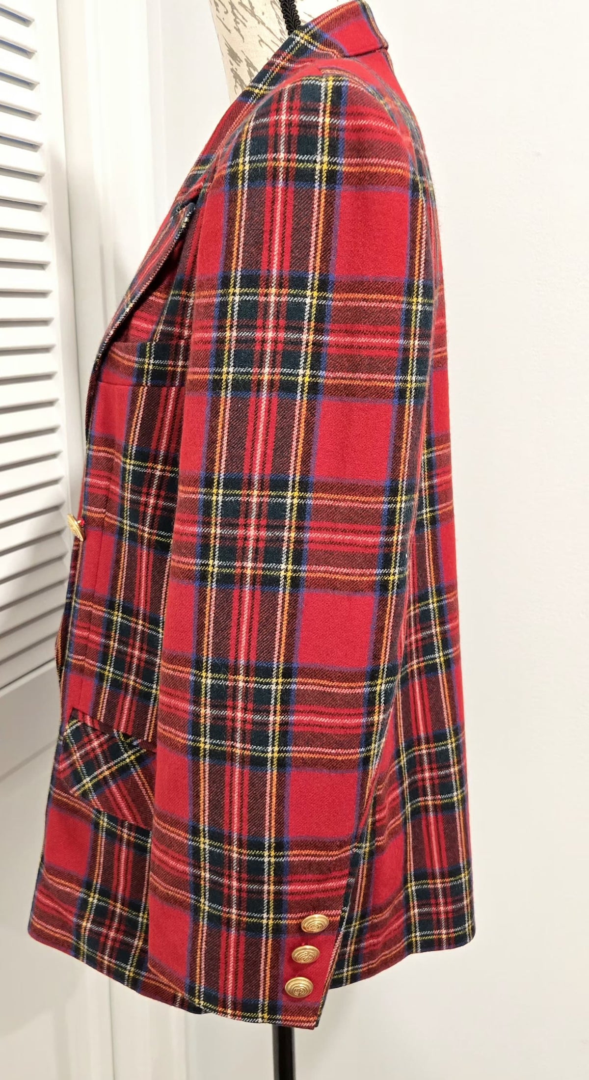 Vintage 80s GIORGIO SANT’ANGELO Red Tartan Plaid Wool Blazer Brass Buttons Sz 12 M-L