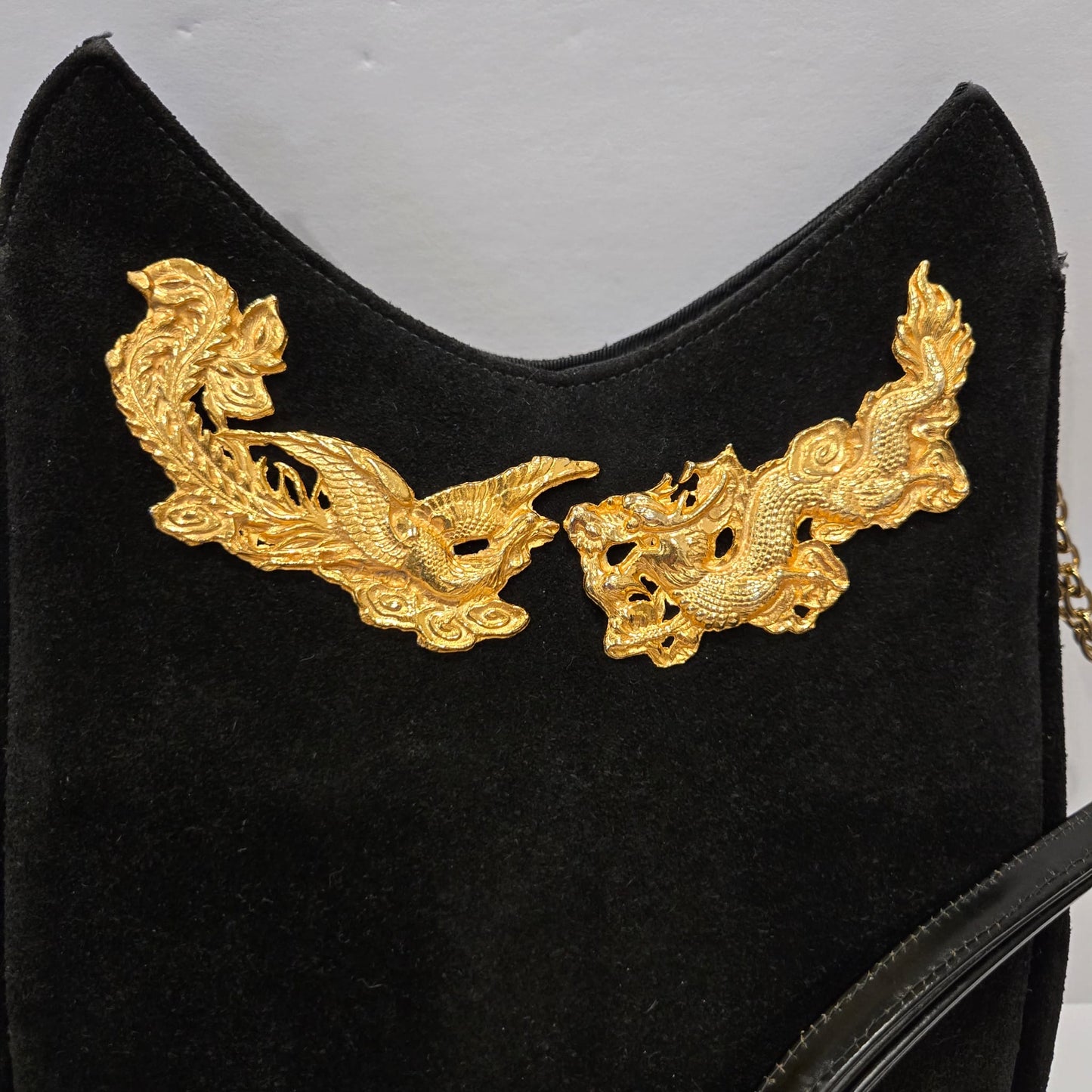 Vintage Black Suede Leather Gold
Dragon & Phoenix shoulder bag purse designer runway