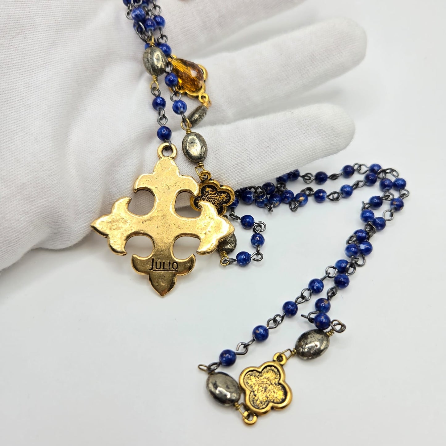 Vintage JULIO DESIGN Faux lapis lazuli beads Cross gold tone necklace