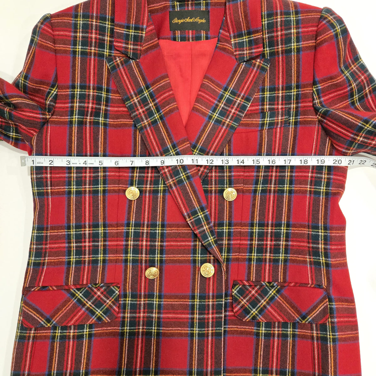 Vintage 80s GIORGIO SANT’ANGELO Red Tartan Plaid Wool Blazer Brass Buttons Sz 12 M-L