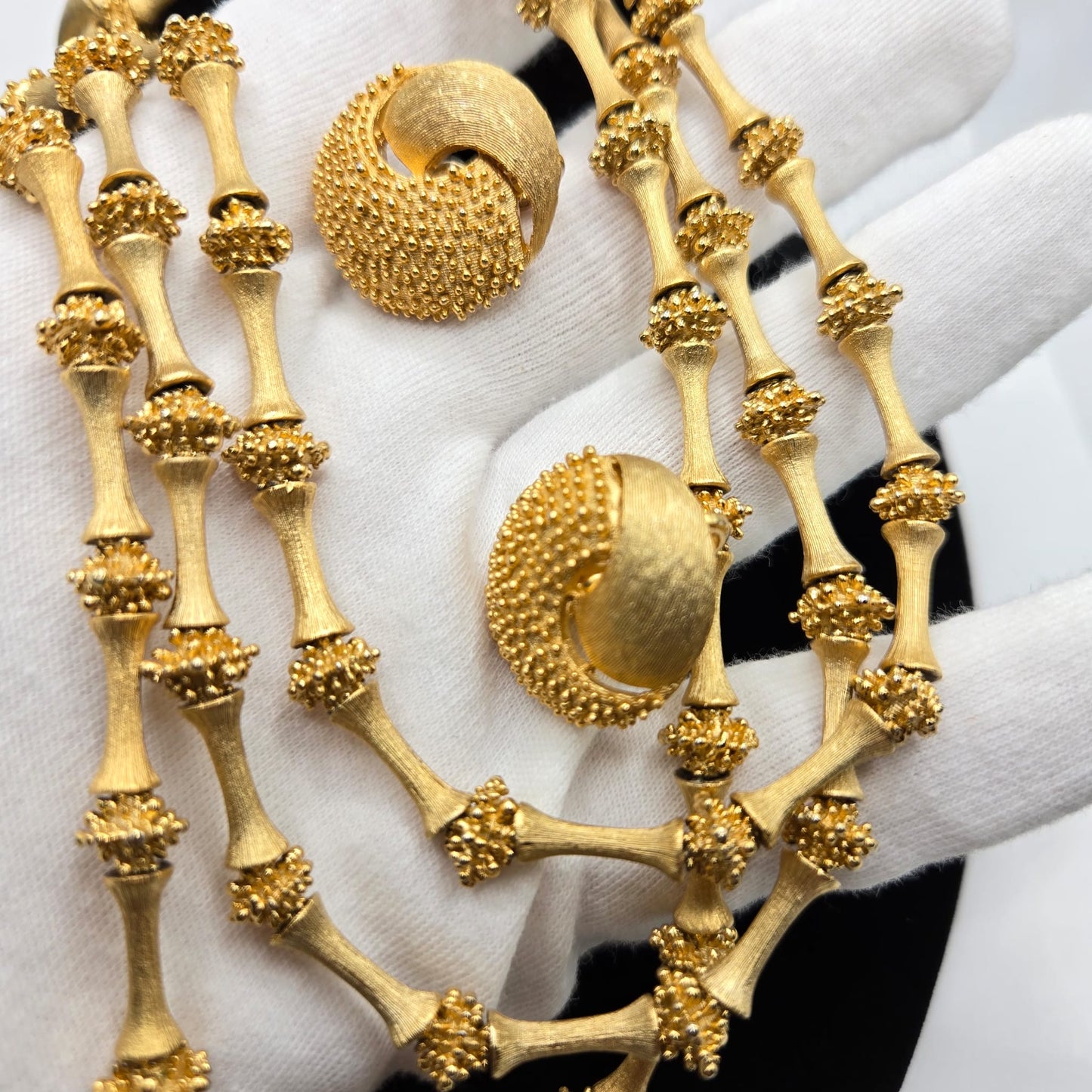 Vintage TRIFARI CROWN Electra Collection 3 Strand Gold Tone Necklace and clip on earrings set