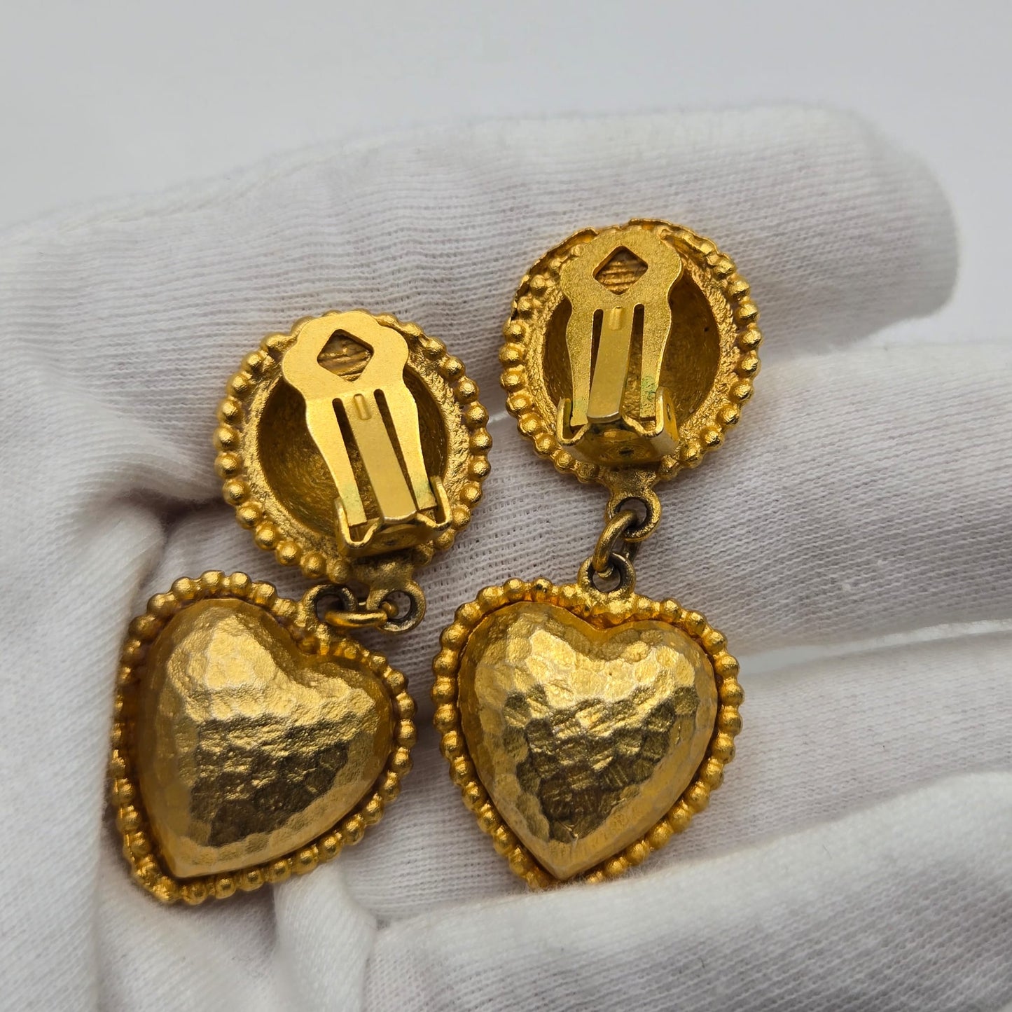 Vintage Heart Etruscan style gold tone designer runway clip on Earrings