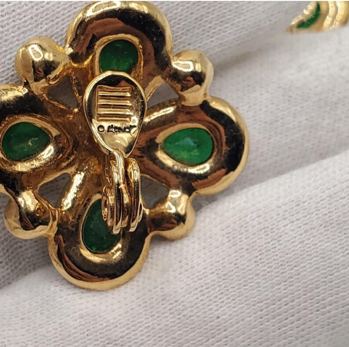 Vintage MONET Green Emerald Gold Tone Cross Clip On Earrings