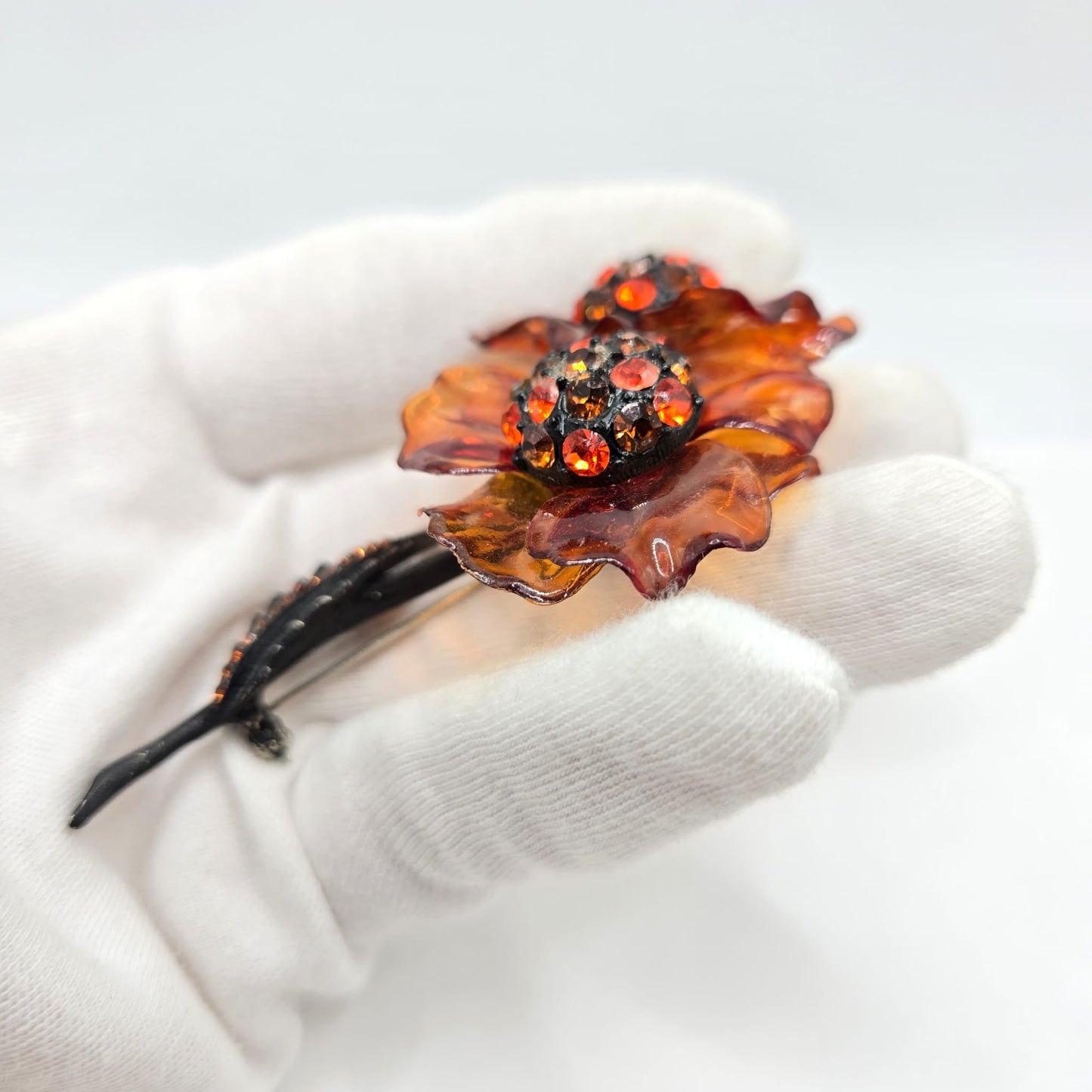 Vintage VENDOME signed huge Amber Lucite Flower rhinestones black Brushed enamel Brooch pin