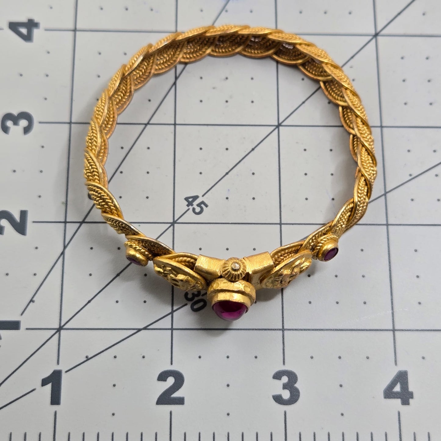 Vintage 925 Silver Temple Kada braided screw pink Cabochon gold tone bracelet