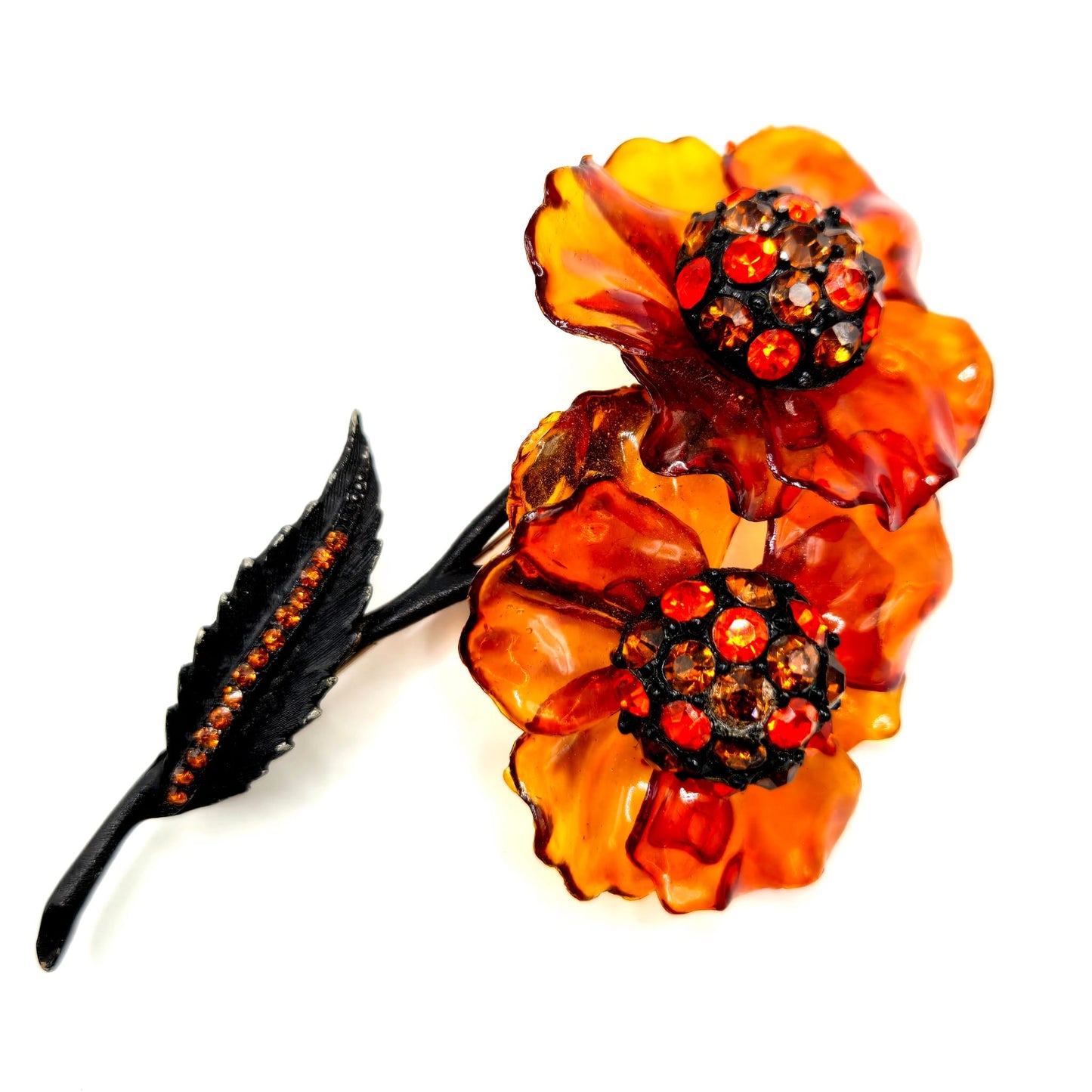 Vintage VENDOME signed huge Amber Lucite Flower rhinestones black Brushed enamel Brooch pin