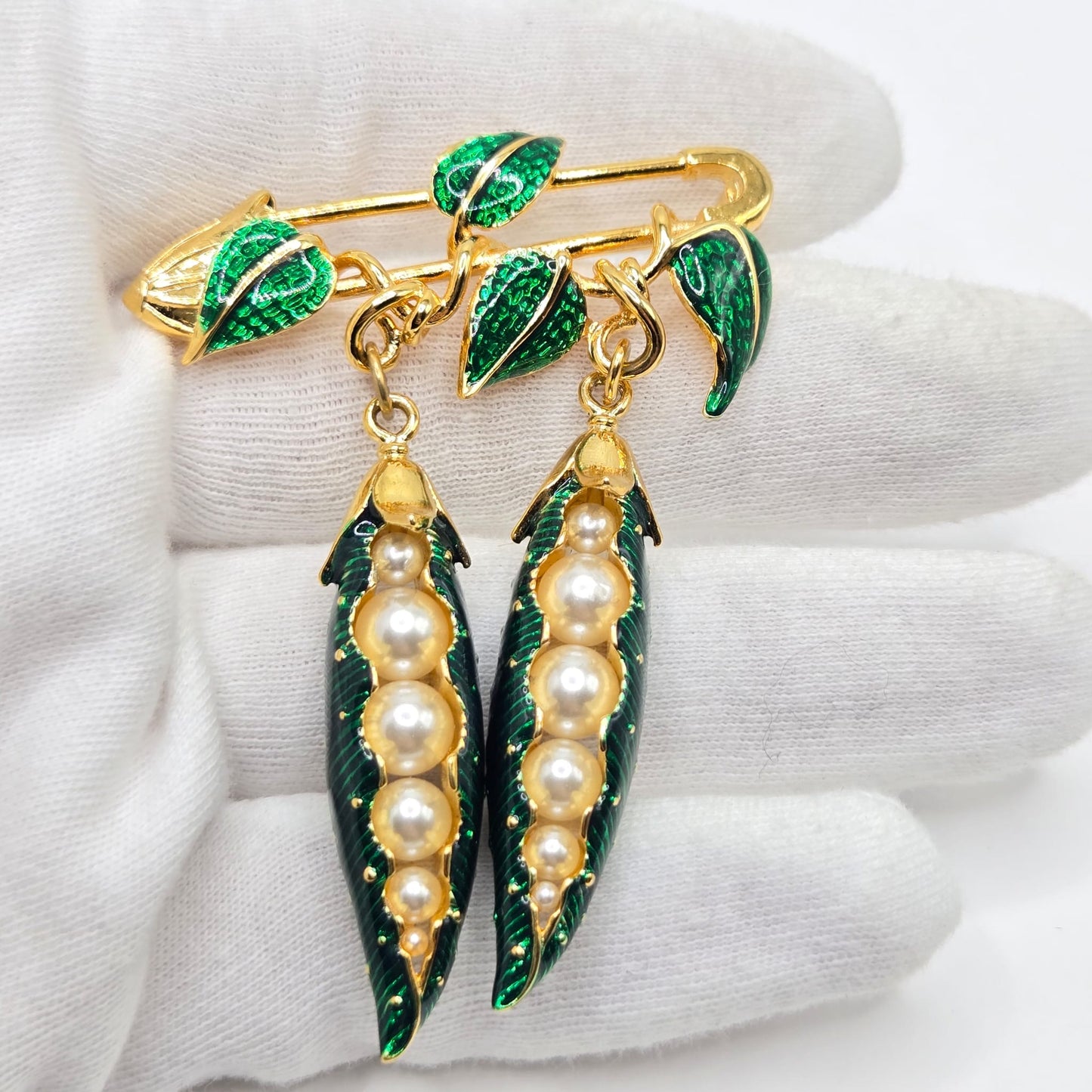 Vintage EDGAR BEREBI Pea Pods green enamel Faux Pearls dangle Pin Brooch