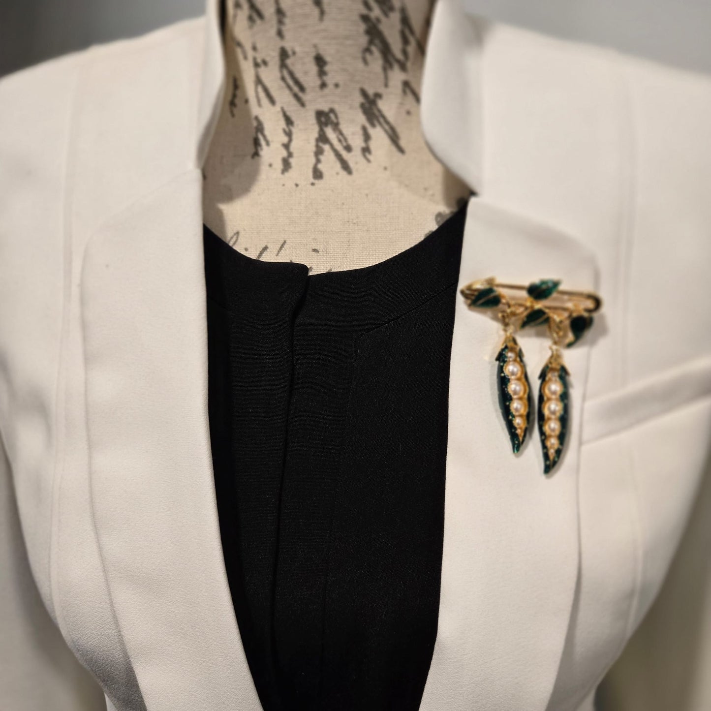 Vintage EDGAR BEREBI Pea Pods green enamel Faux Pearls dangle Pin Brooch