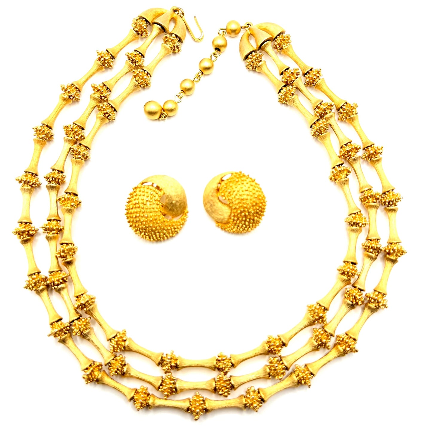 Vintage TRIFARI CROWN Electra Collection 3 Strand Gold Tone Necklace and clip on earrings set