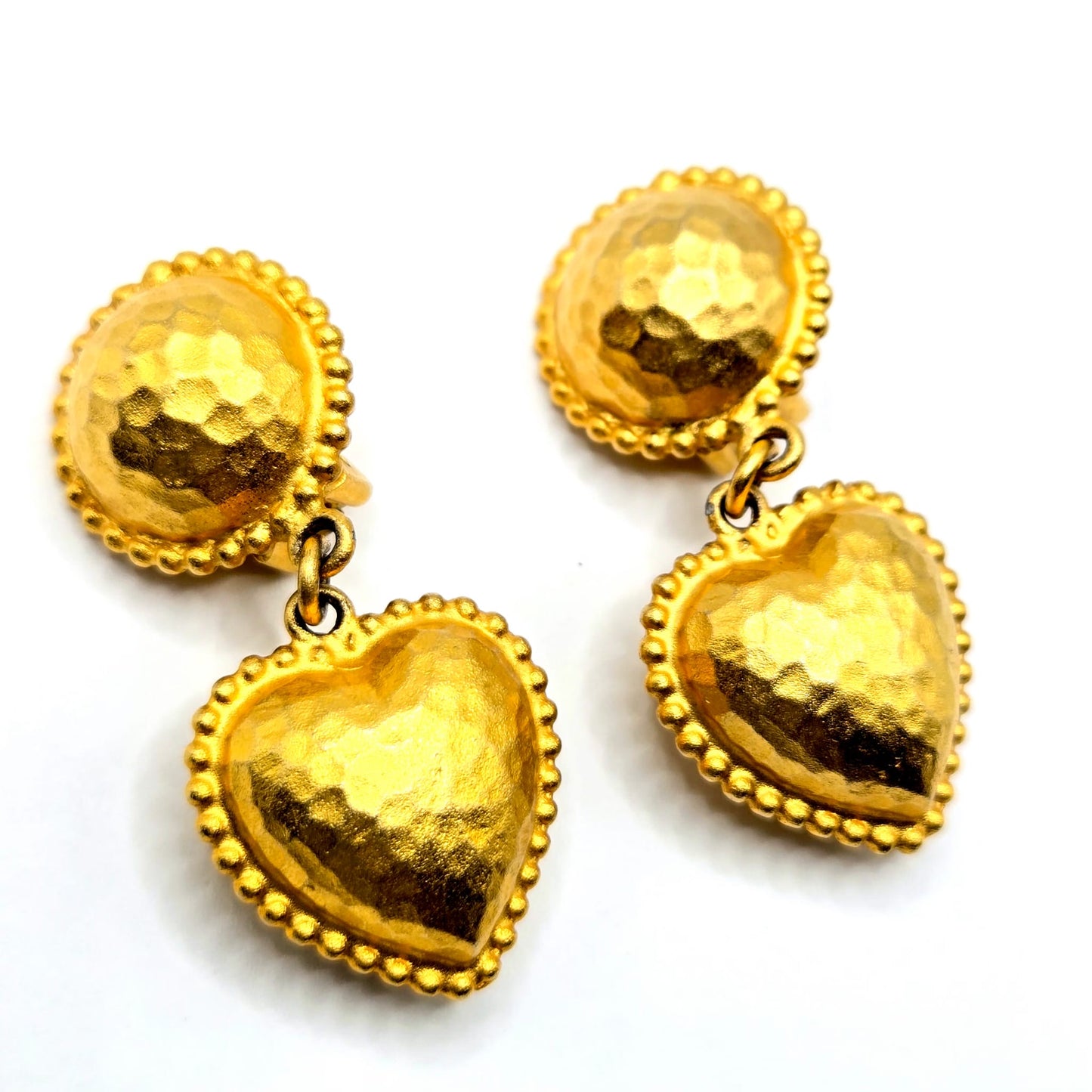 Vintage Heart Etruscan style gold tone designer runway clip on Earrings