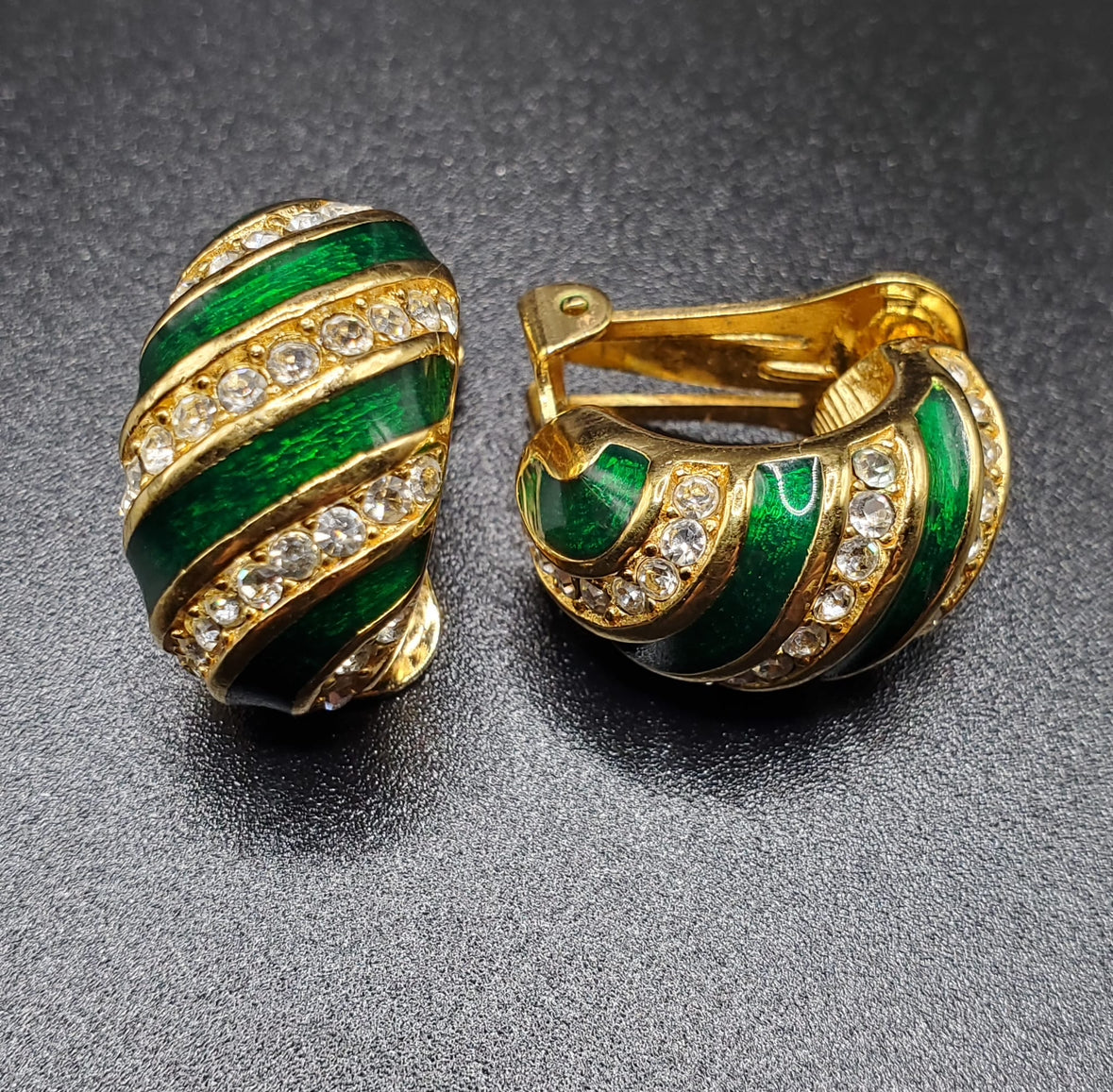 Vintage CHRISTIAN DIOR Signed Green Enamel Rhinestones Gold Tone Clip On Earrings