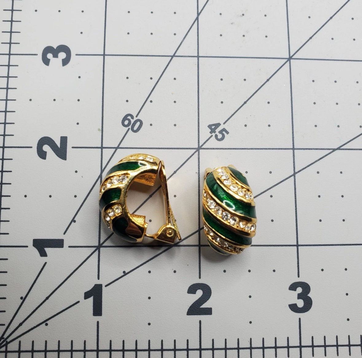 Vintage CHRISTIAN DIOR Signed Green Enamel Rhinestones Gold Tone Clip On Earrings